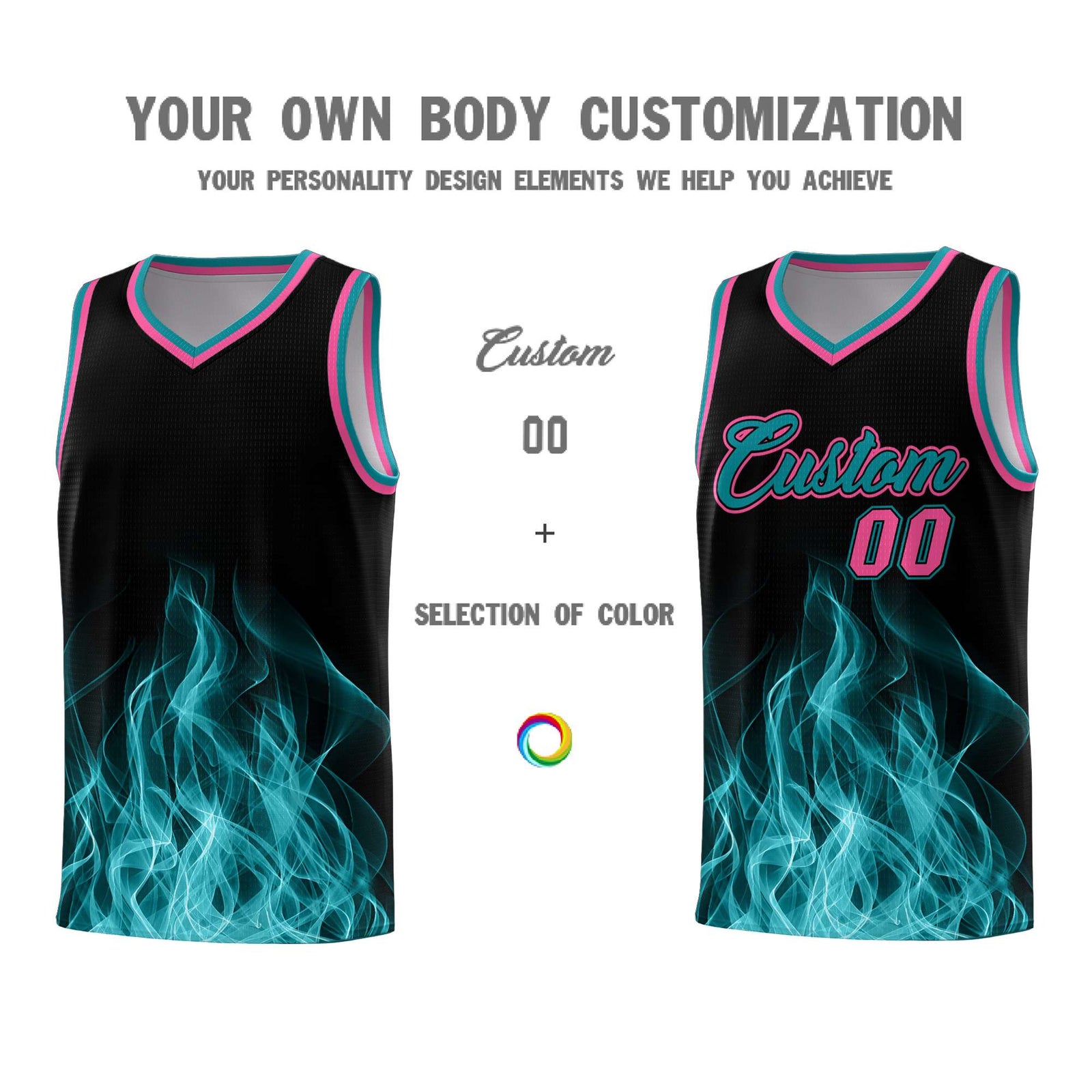 Custom Youth Basketball Jersey Black Teal Flame Fire Design Personalized Team Uniform Set