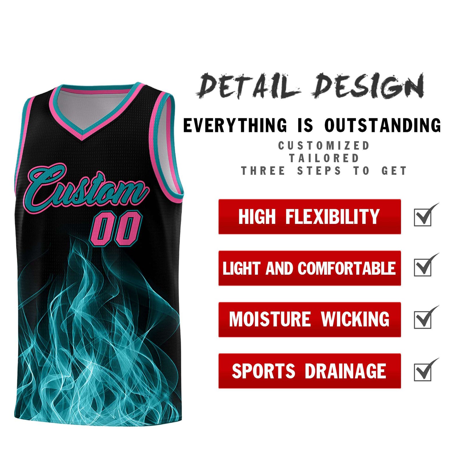 Custom Youth Basketball Jersey Black Teal Flame Fire Design Personalized Team Uniform Set