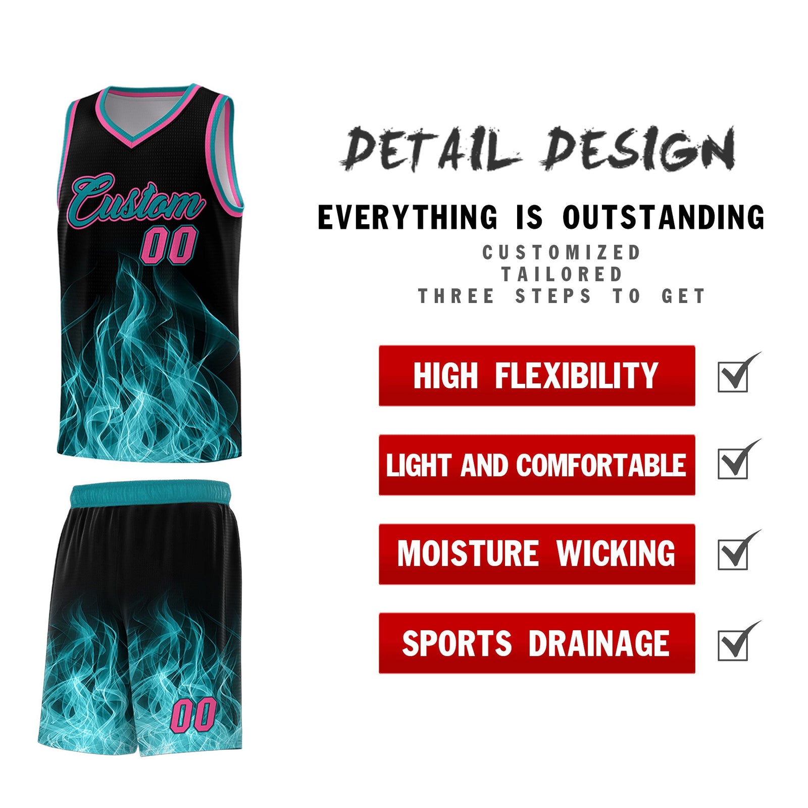 Custom Youth Basketball Jersey Black Teal Flame Fire Design Personalized Team Uniform Set