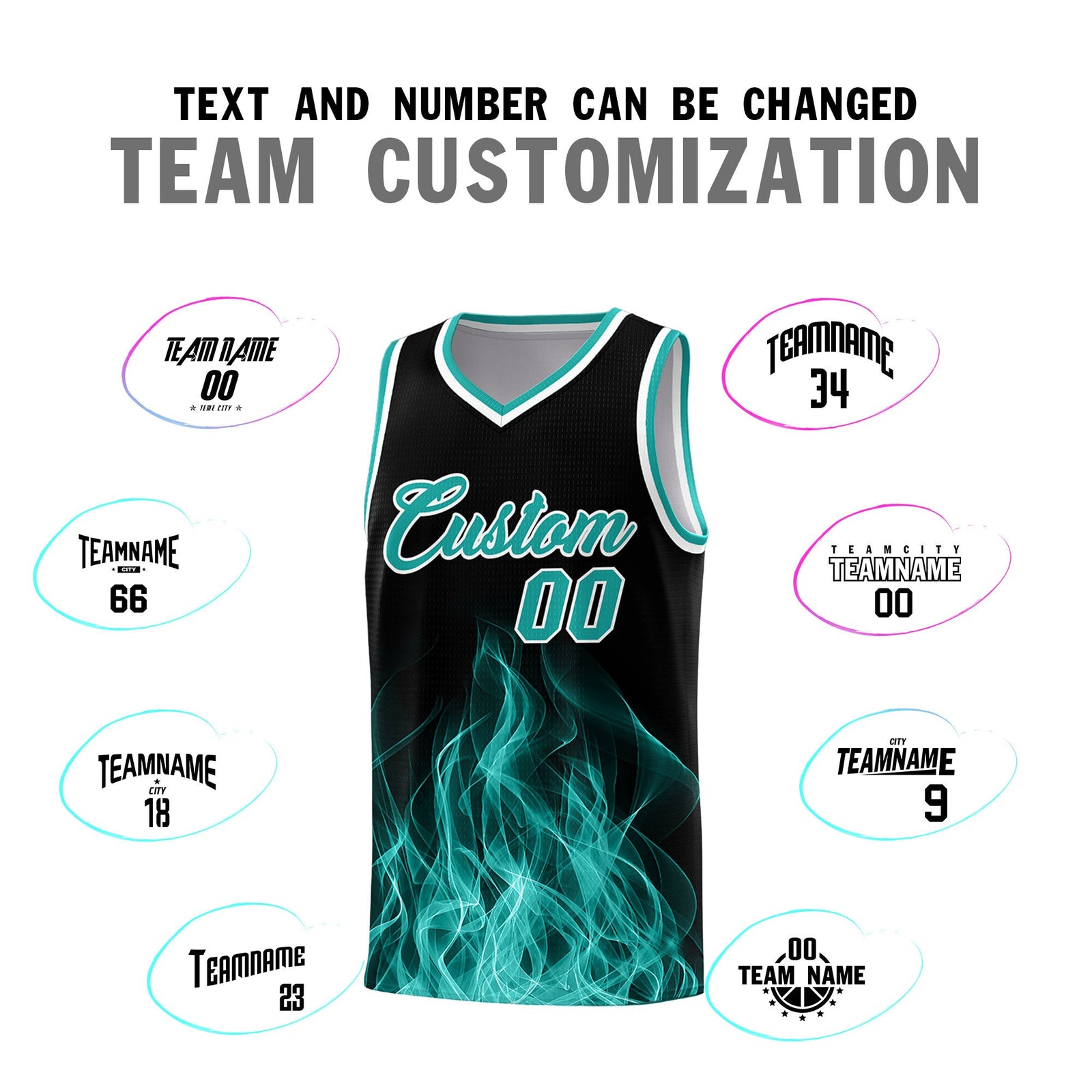 Custom Youth Basketball Jersey Black Aqua Flame Design Unique Team Uniform Set