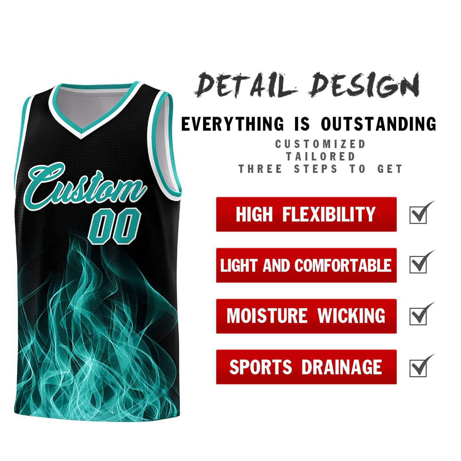 Custom Youth Basketball Jersey Black Aqua Flame Design Unique Team Uniform Set