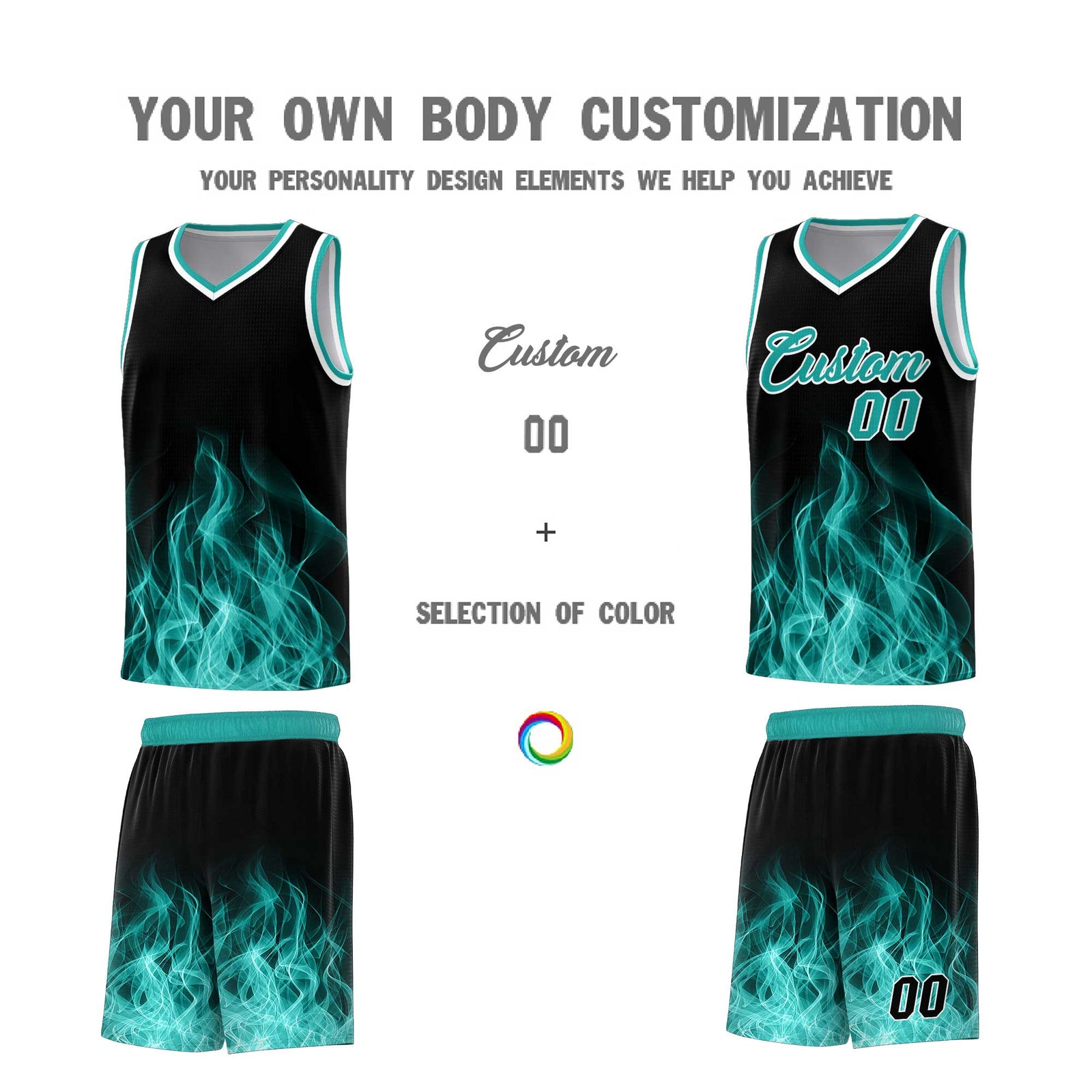 Custom Youth Basketball Jersey Black Aqua Flame Design Unique Team Uniform Set