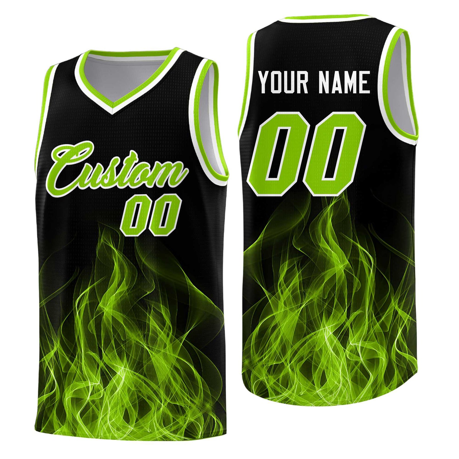 Custom Youth Basketball Jersey Black Neon Green Flame Design Personalized Team Uniform Set
