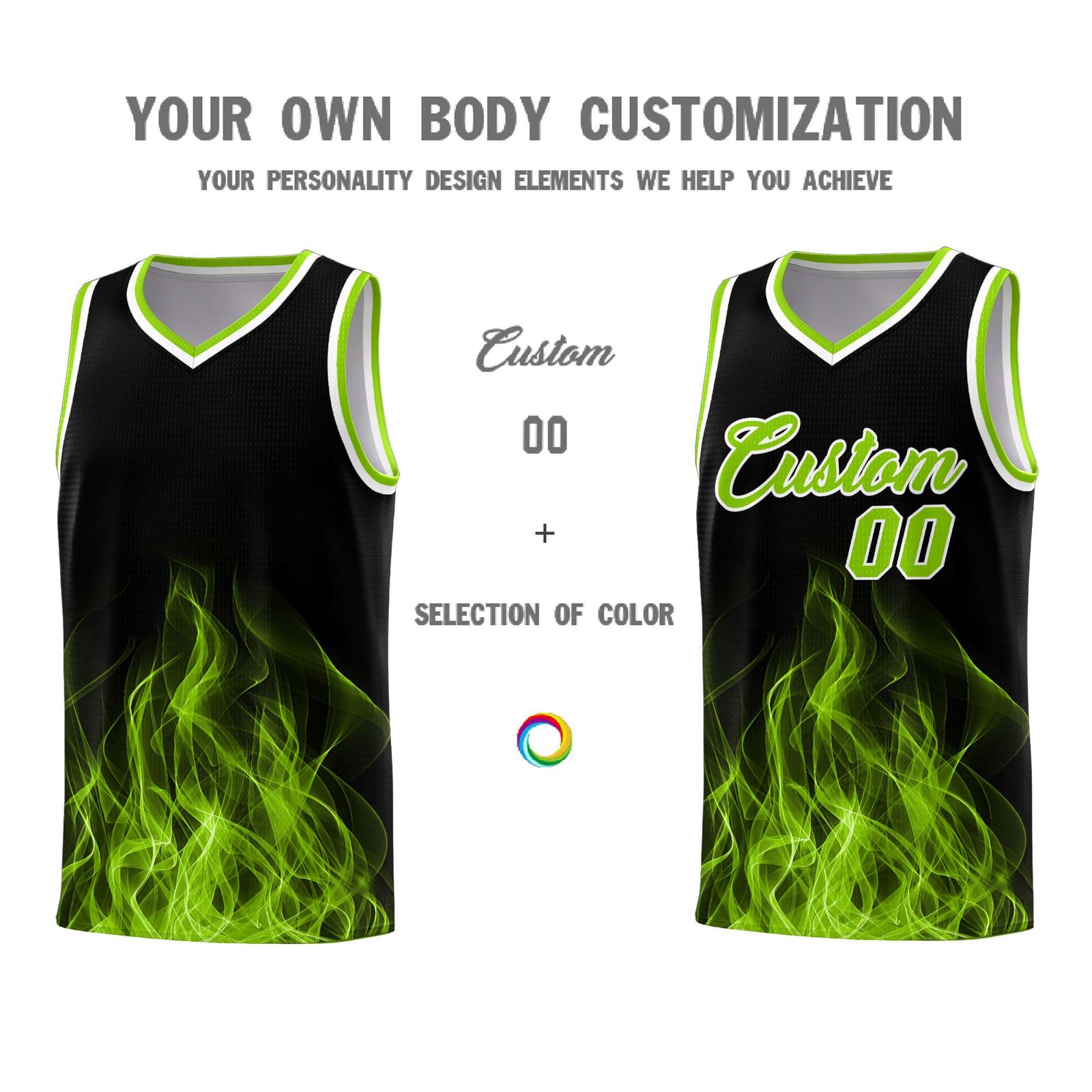 Custom Youth Basketball Jersey Black Neon Green Flame Design Personalized Team Uniform Set