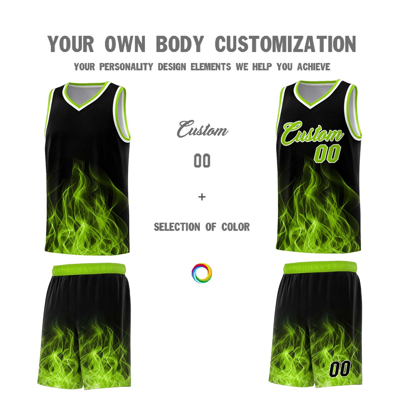 Custom Youth Basketball Jersey Black Neon Green Flame Design Personalized Team Uniform Set