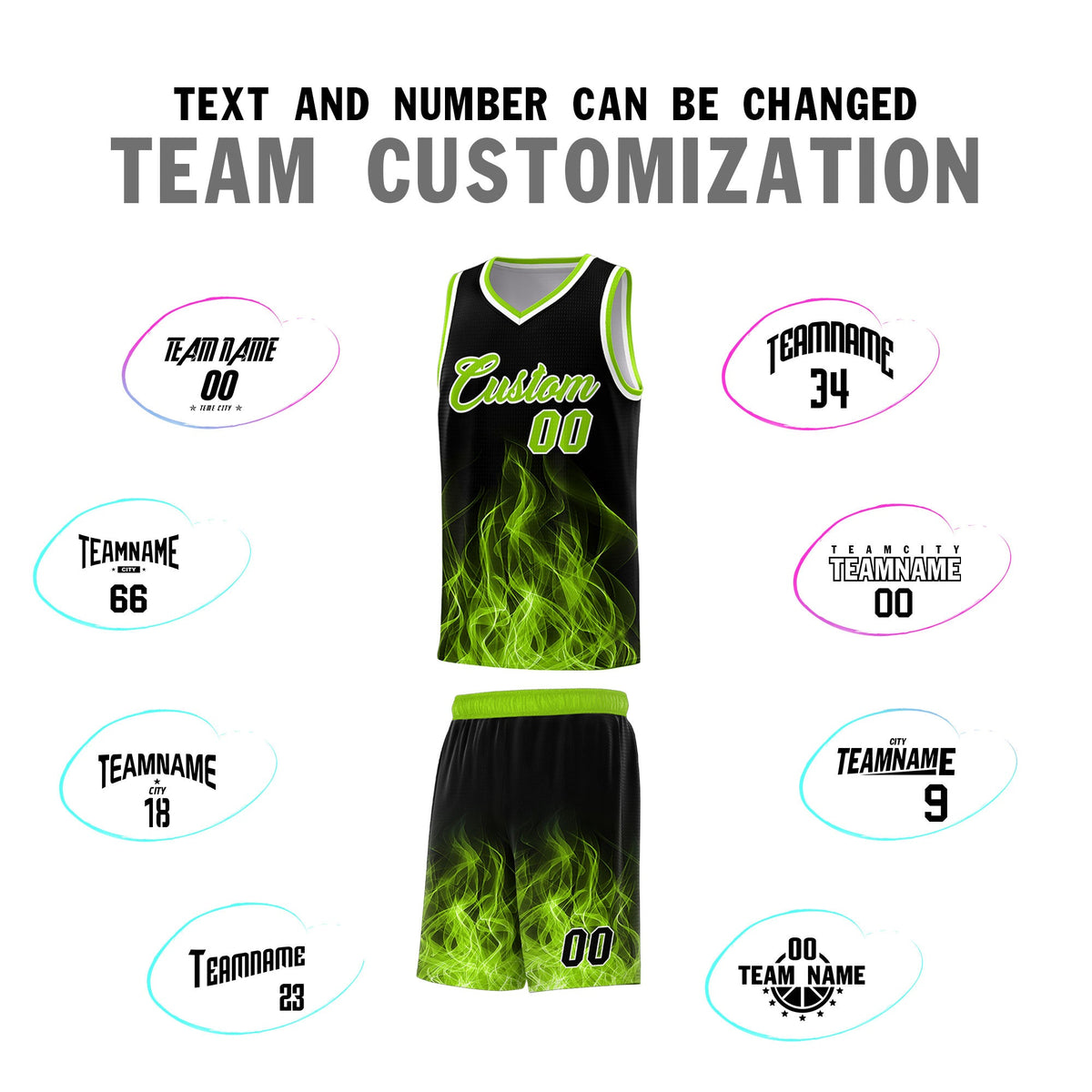 Custom Youth Basketball Jersey Black Neon Green Flame Design Personalized Team Uniform Set