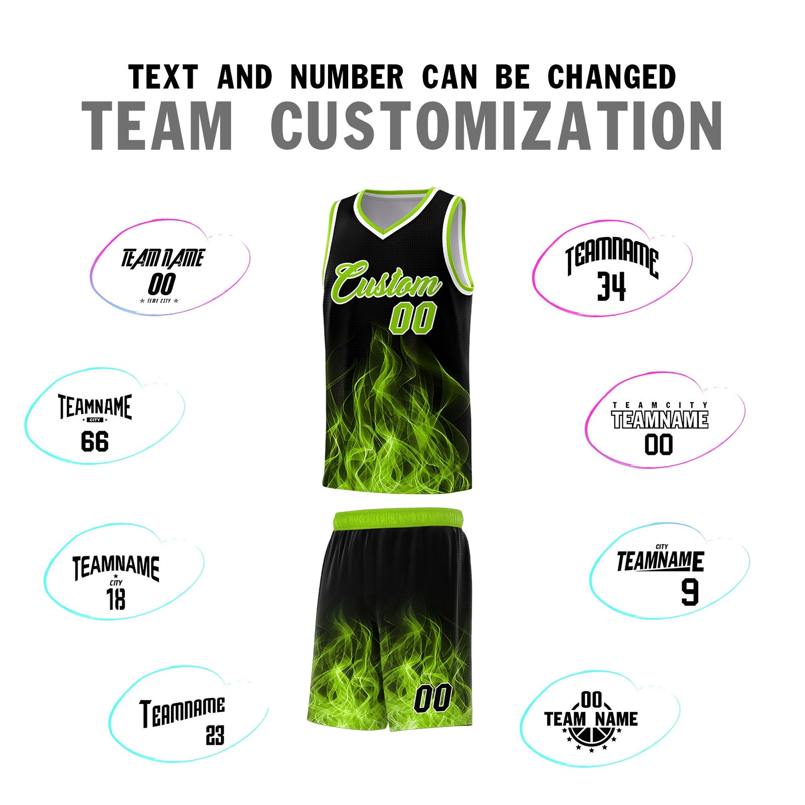 Custom Youth Basketball Jersey Black Neon Green Flame Design Personalized Team Uniform Set