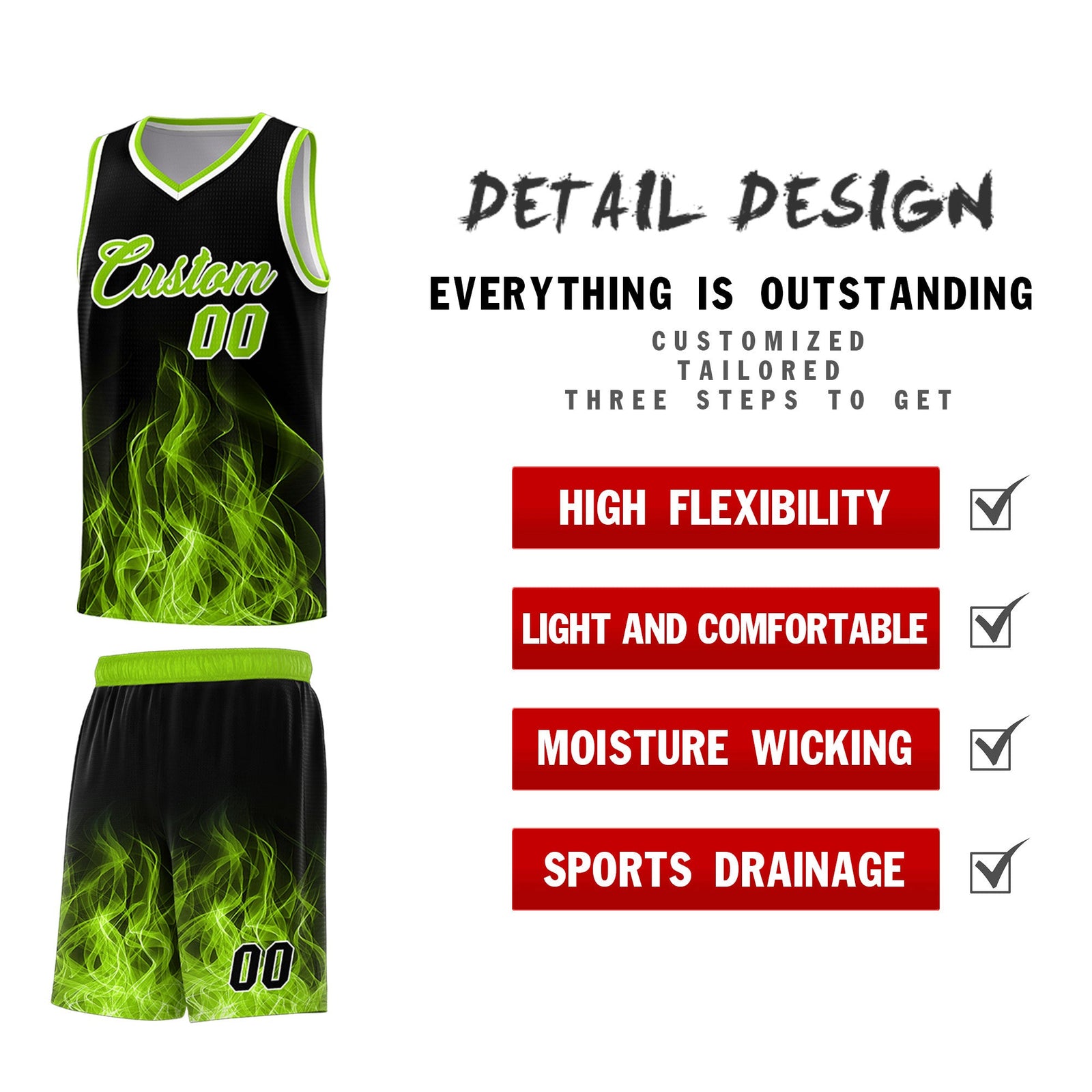 Custom Youth Basketball Jersey Black Neon Green Flame Design Personalized Team Uniform Set