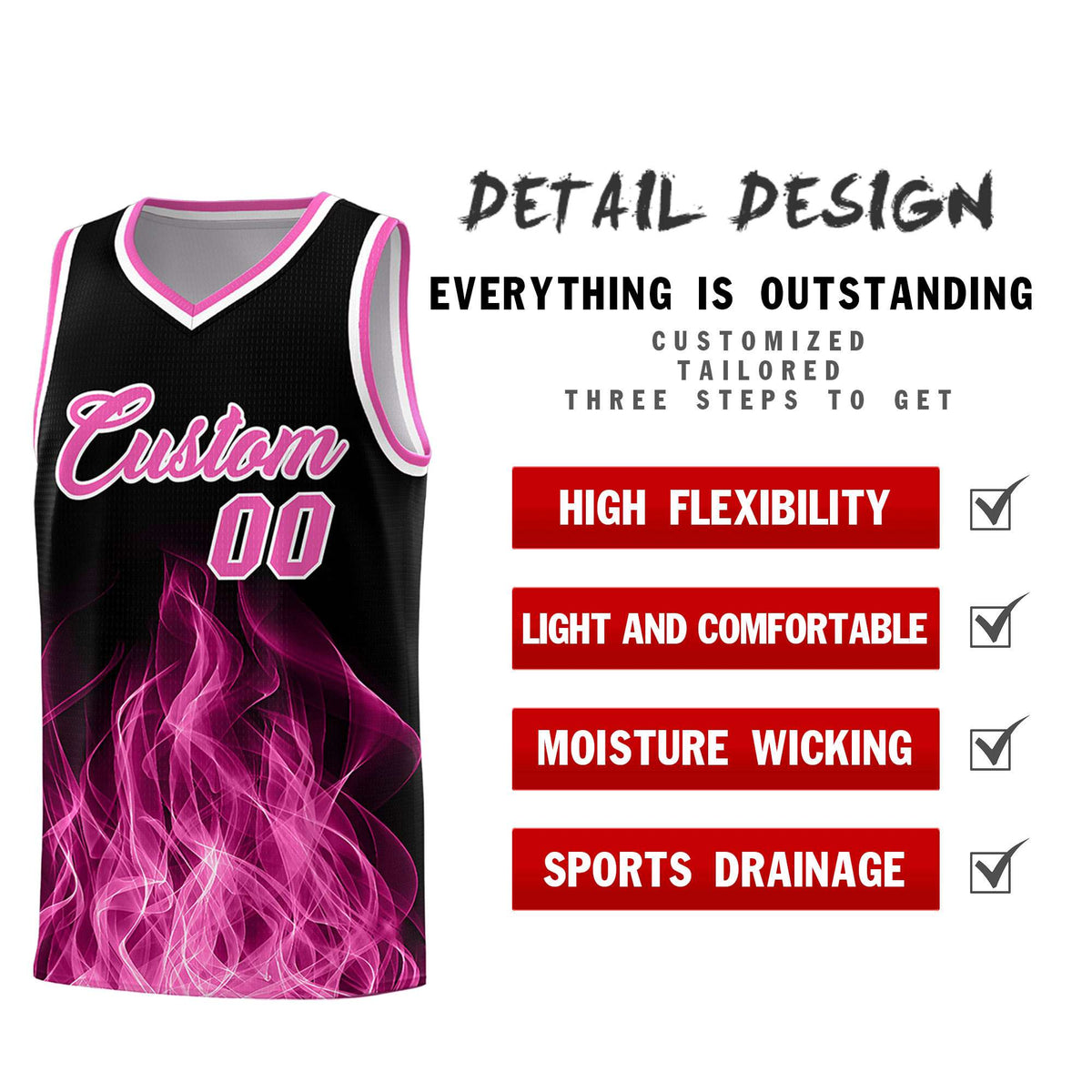 Custom Youth Basketball Jersey Black Pink Flame Fire Design Personalized Team Uniform Set