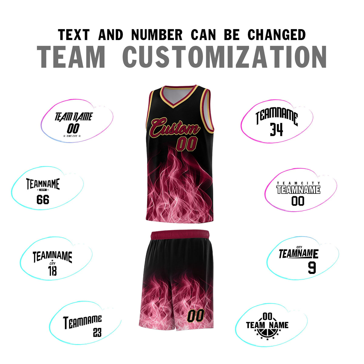 Custom Youth Basketball Jersey Black Crimson Flame Design Unique Team Uniform Set
