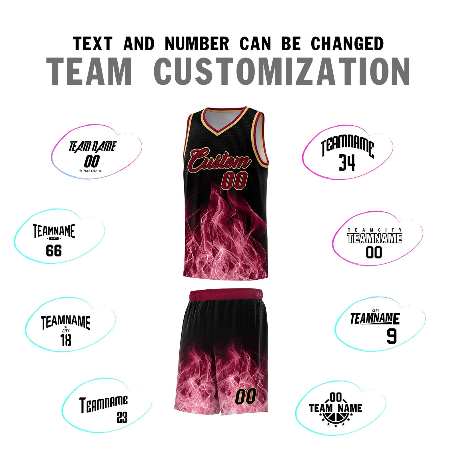 Custom Youth Basketball Jersey Black Crimson Flame Design Unique Team Uniform Set