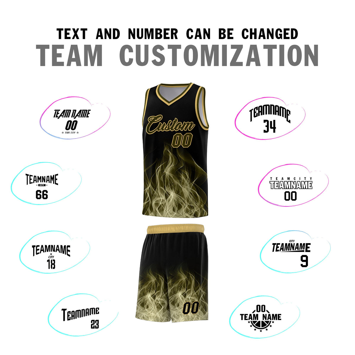 Custom Youth Basketball Jersey Black Khaki Flame Design Personalized Team Uniform Set