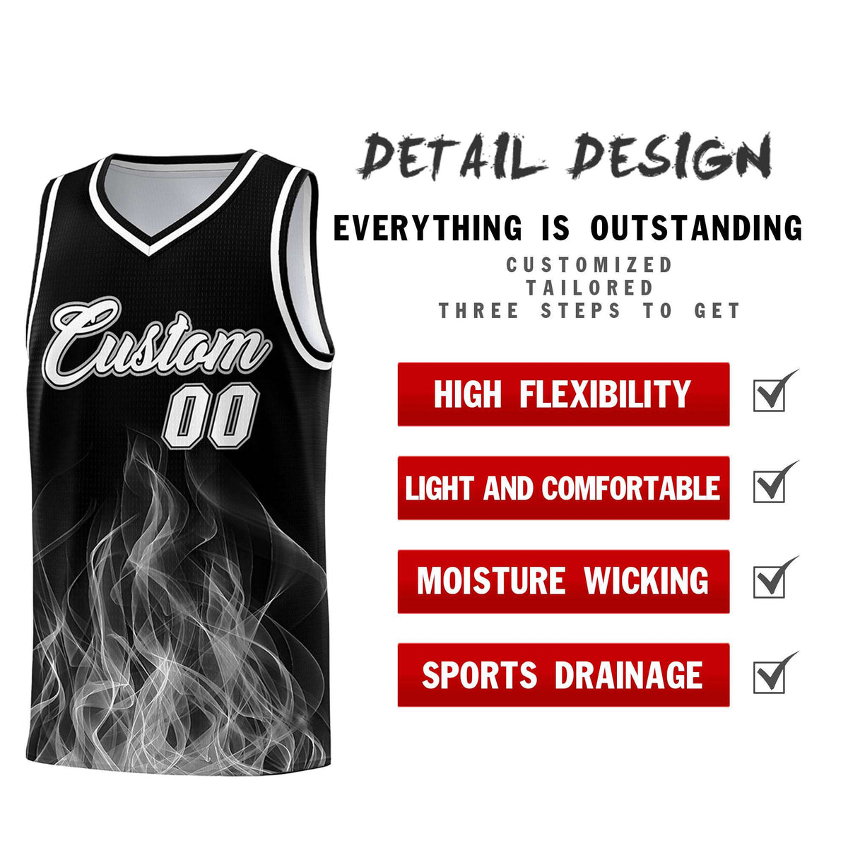 Custom Youth Basketball Jersey Black Gray Flame Fire Design Personalized Team Uniform Set