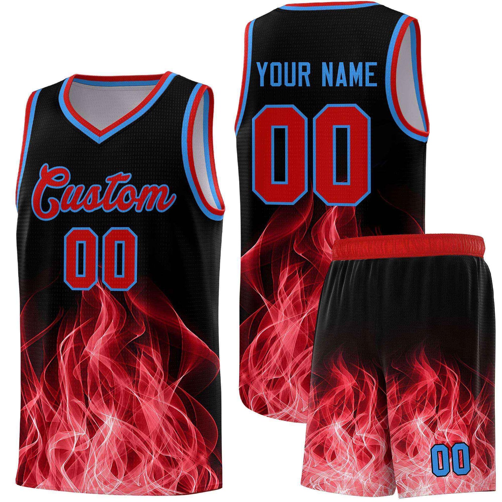 Custom Youth Basketball Jersey Black Red Flame Design Unique Team Uniform Set