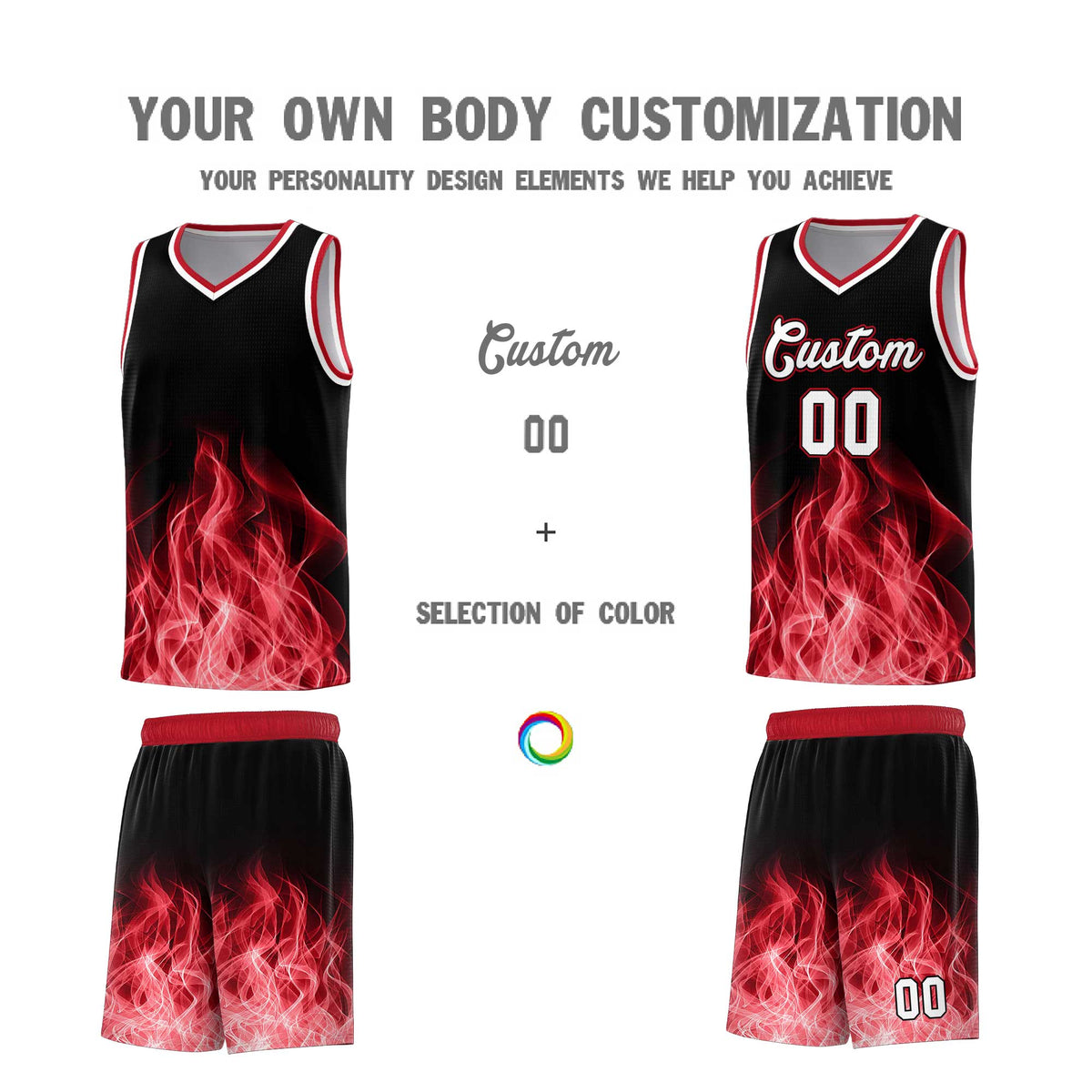 Custom Youth Basketball Jersey Black Red Flame Design Personalized Team Uniform Set