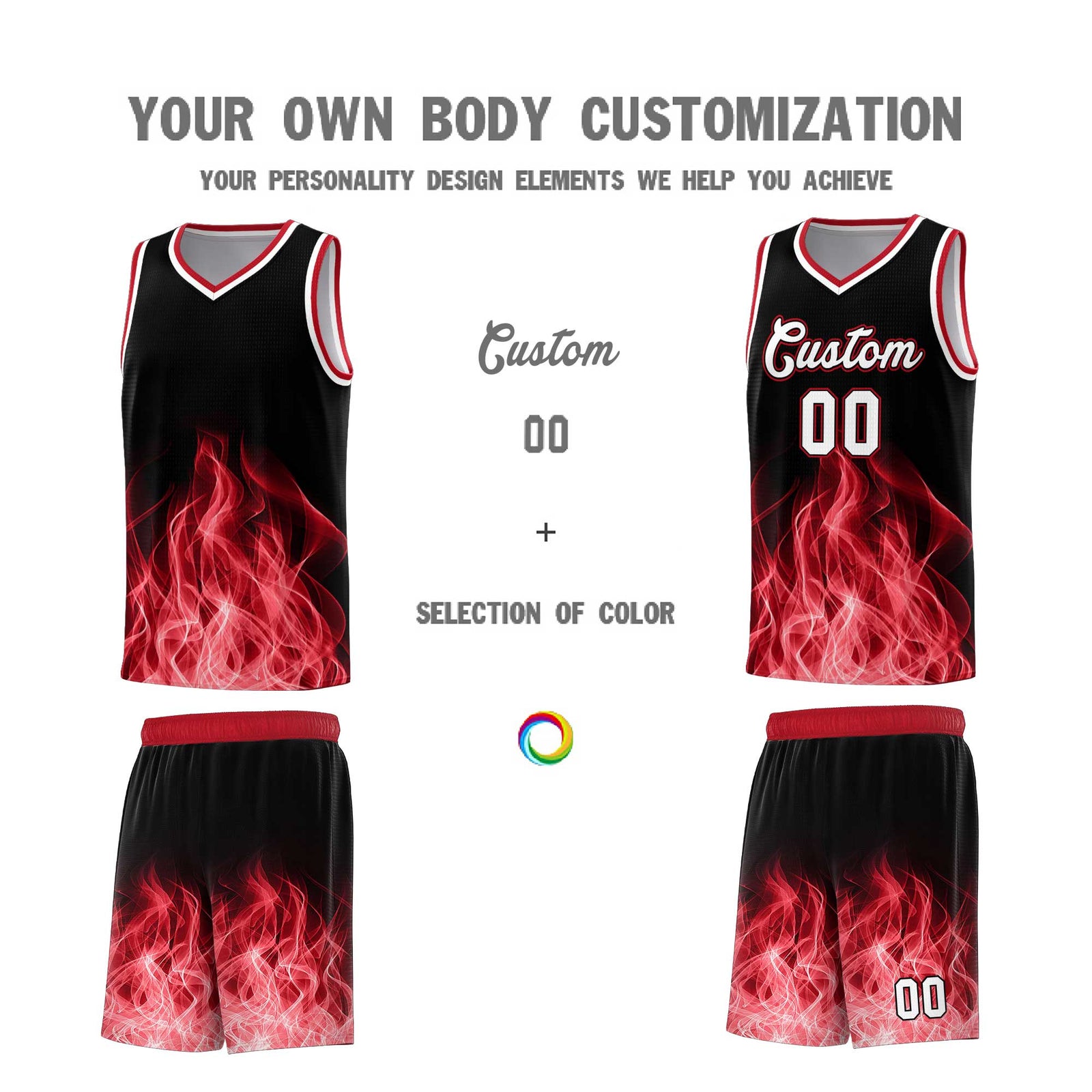 Custom Youth Basketball Jersey Black Red Flame Design Personalized Team Uniform Set