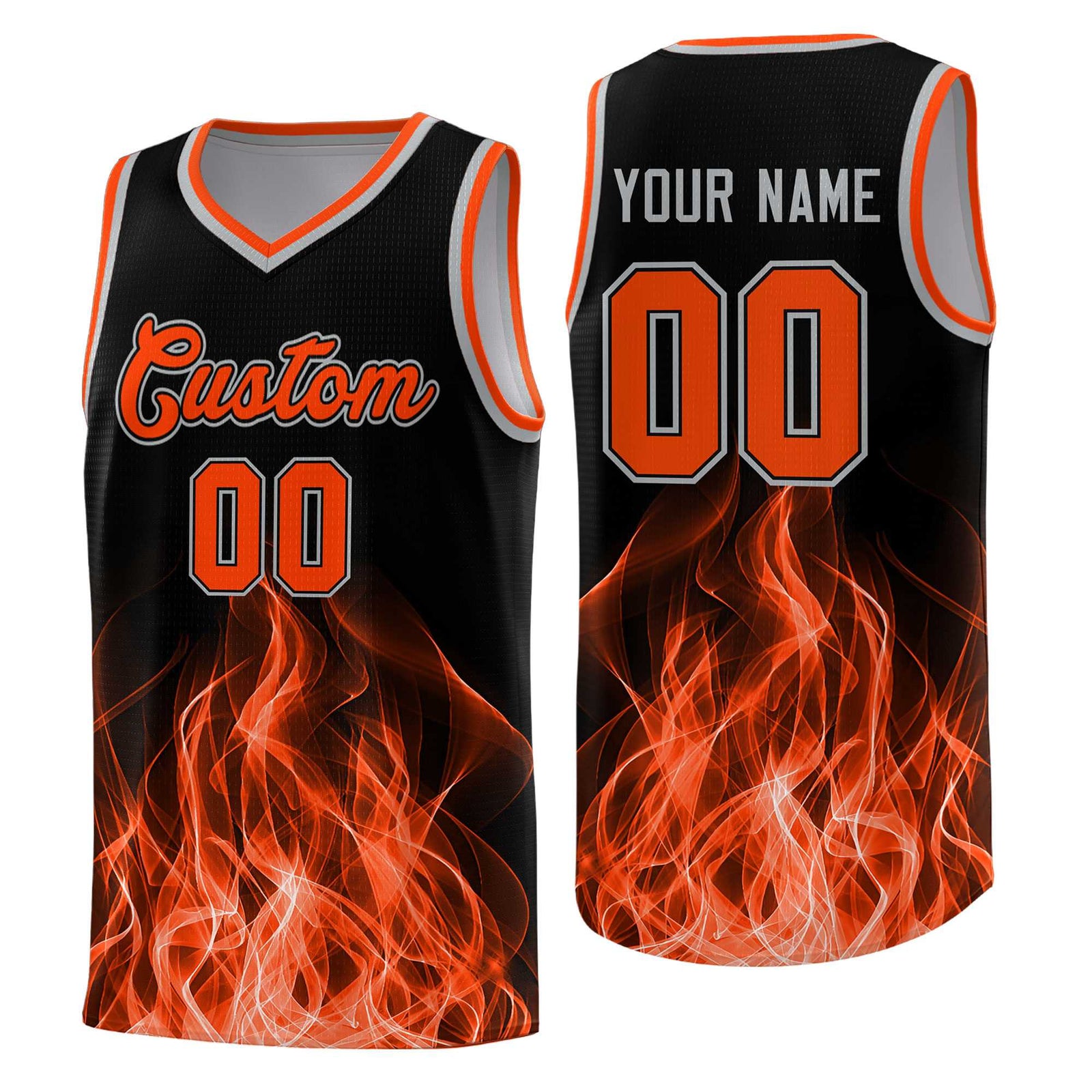 Custom Youth Basketball Jersey Black Orange Flame Design Unique Team Uniform Set