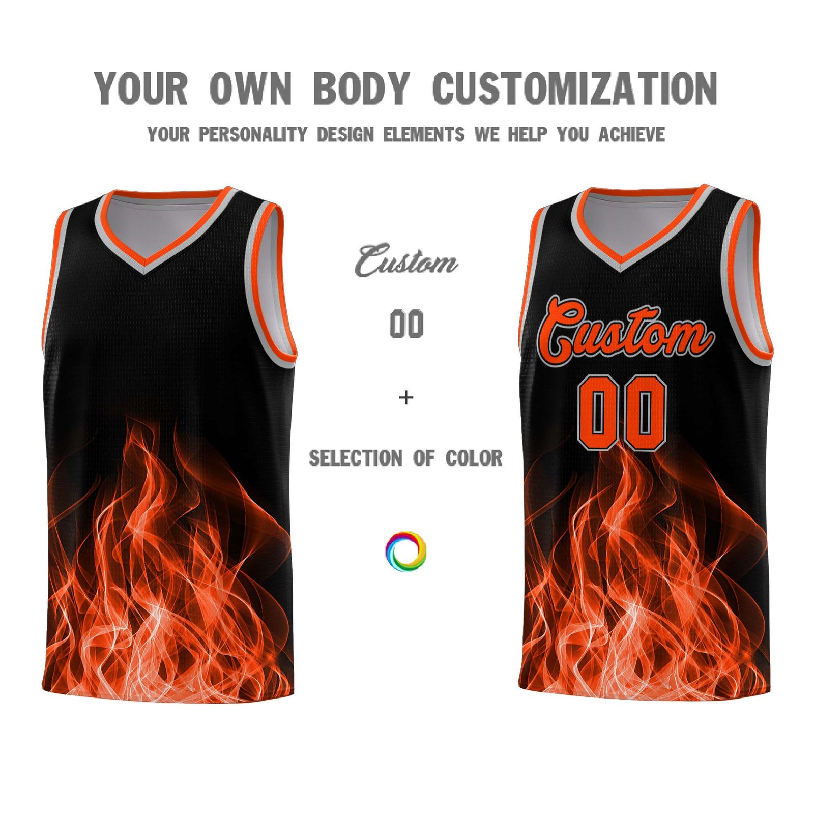 Custom Youth Basketball Jersey Black Orange Flame Design Unique Team Uniform Set