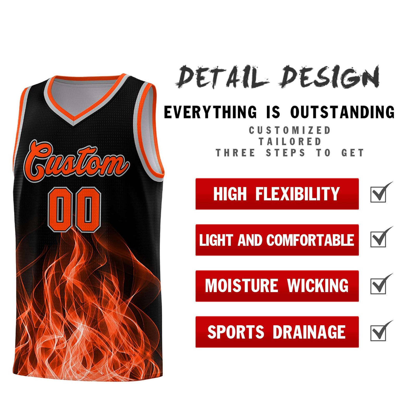 Custom Youth Basketball Jersey Black Orange Flame Design Unique Team Uniform Set