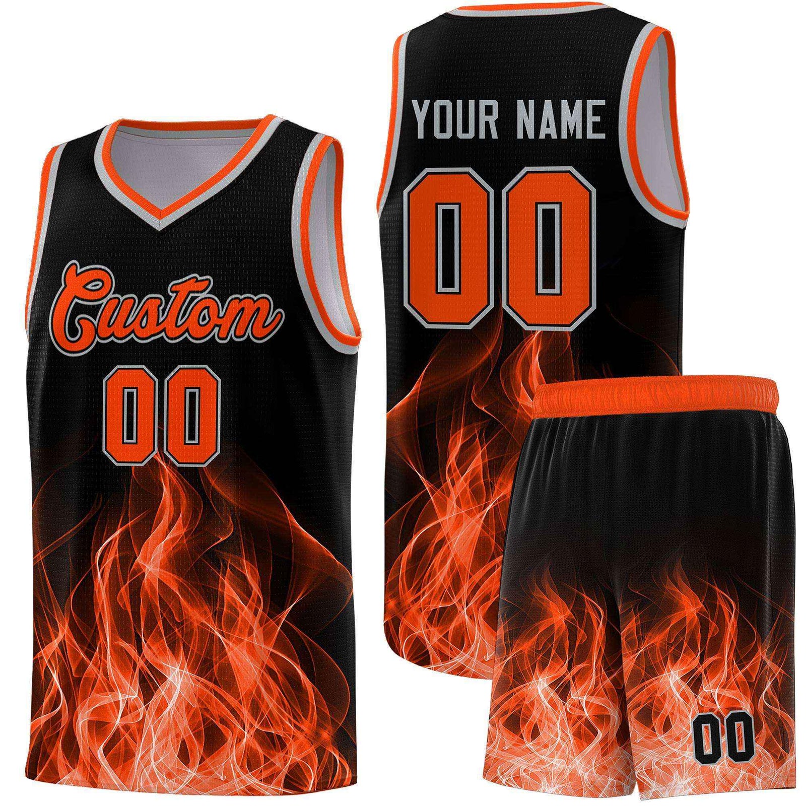 Custom Youth Basketball Jersey Black Orange Flame Design Unique Team Uniform Set
