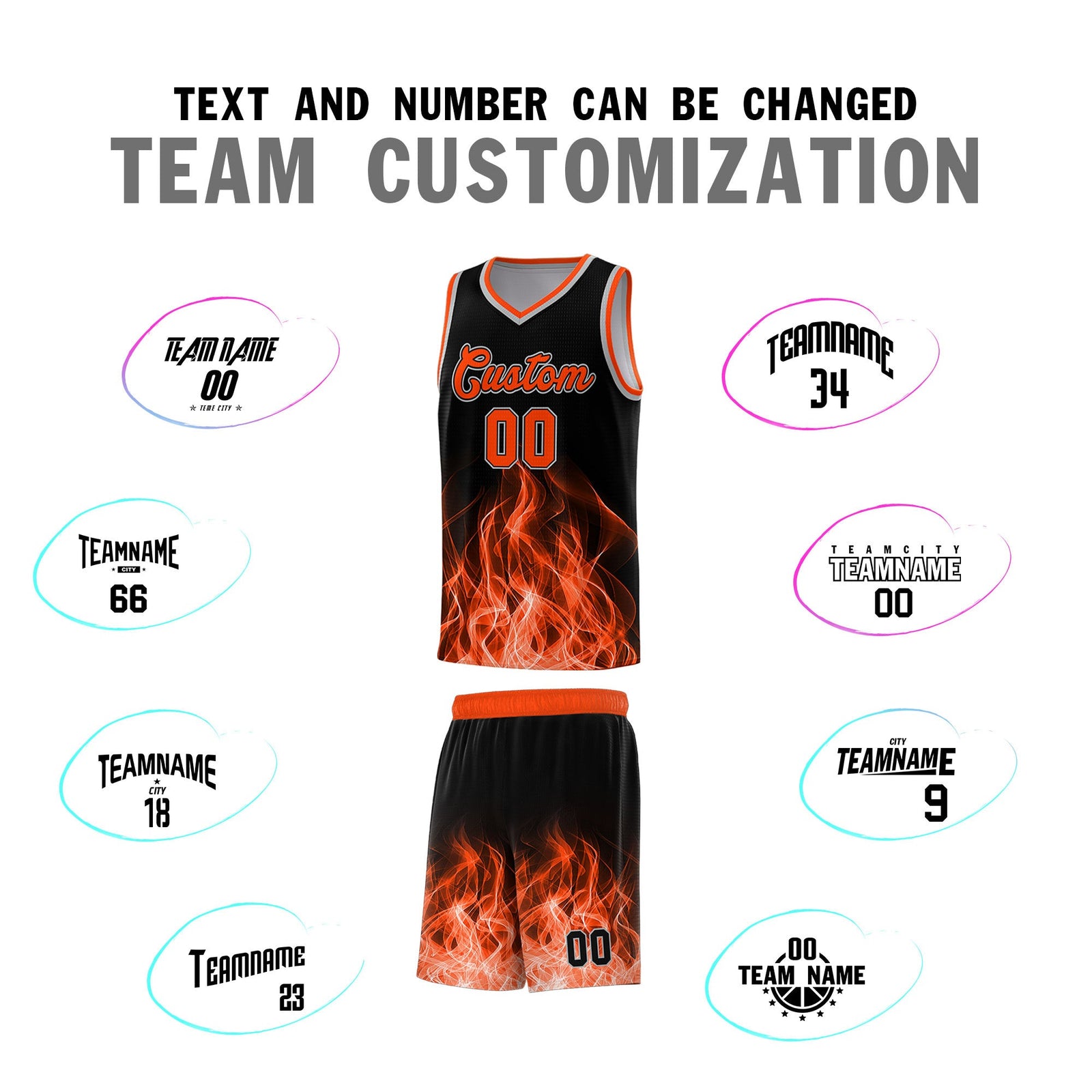 Custom Youth Basketball Jersey Black Orange Flame Design Unique Team Uniform Set