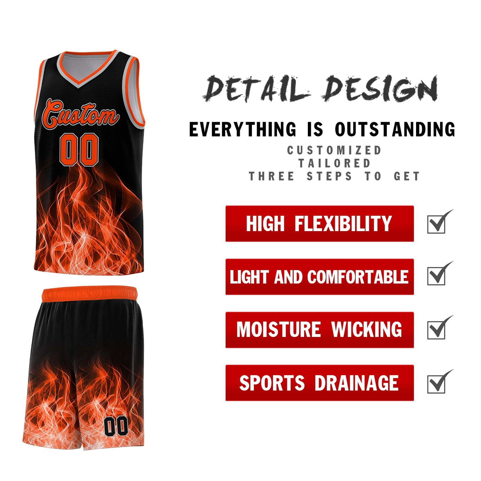 Custom Youth Basketball Jersey Black Orange Flame Design Unique Team Uniform Set