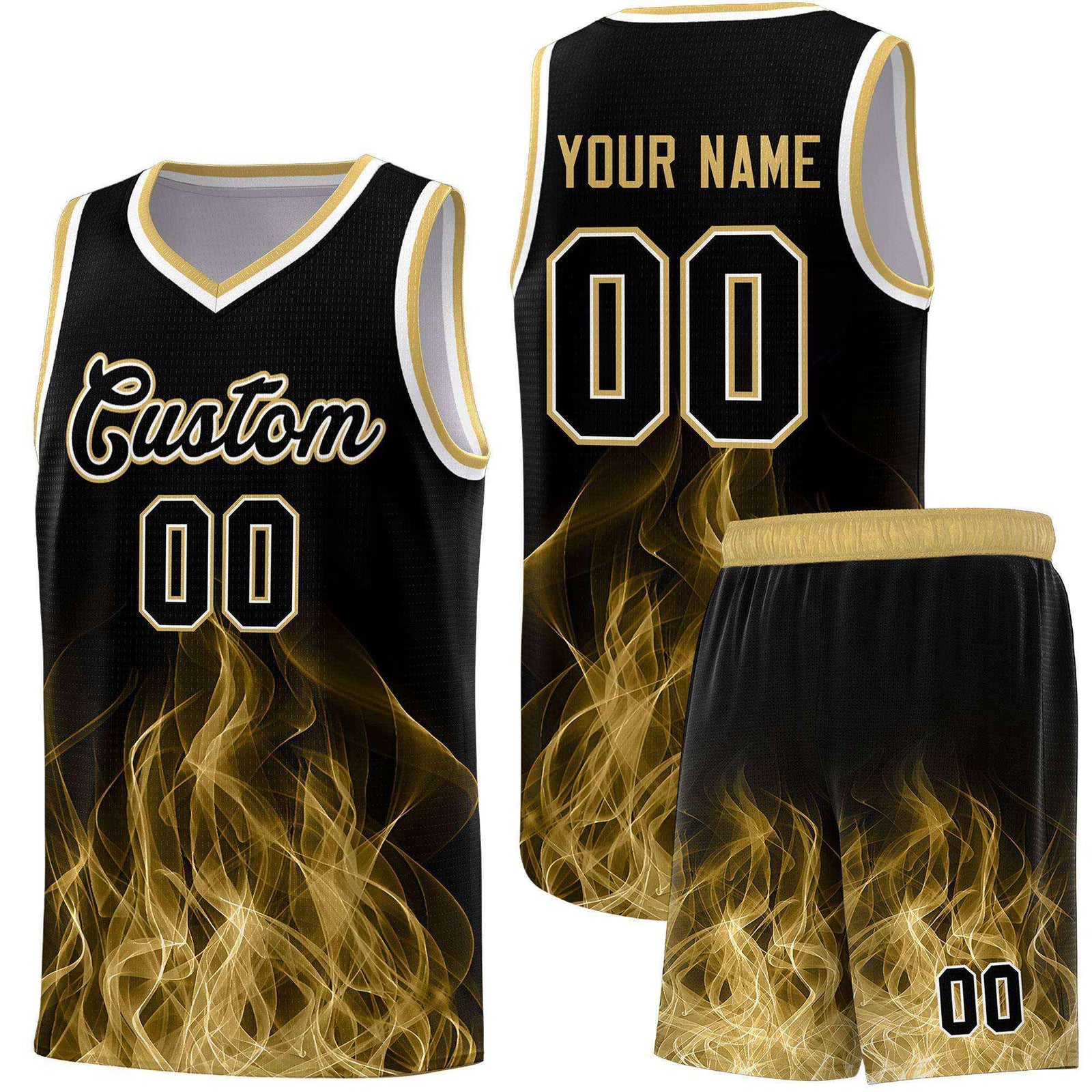 Custom Youth Basketball Jersey Black Old Gold Flame Fire Design Personalized Team Uniform Set
