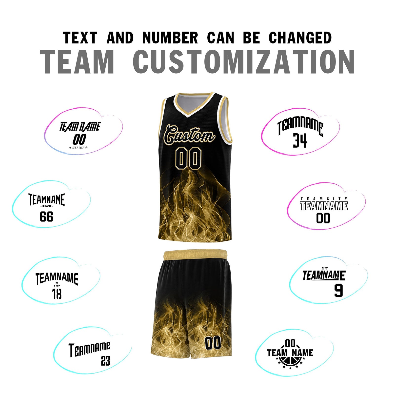 Custom Youth Basketball Jersey Black Old Gold Flame Fire Design Personalized Team Uniform Set