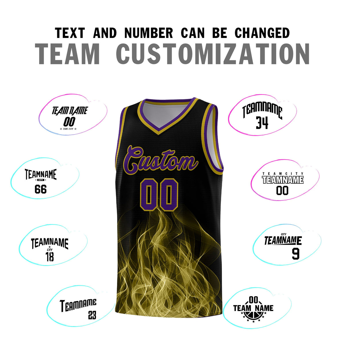 Custom Youth Basketball Jersey Black Purple Flame Design Unique Team Uniform Set