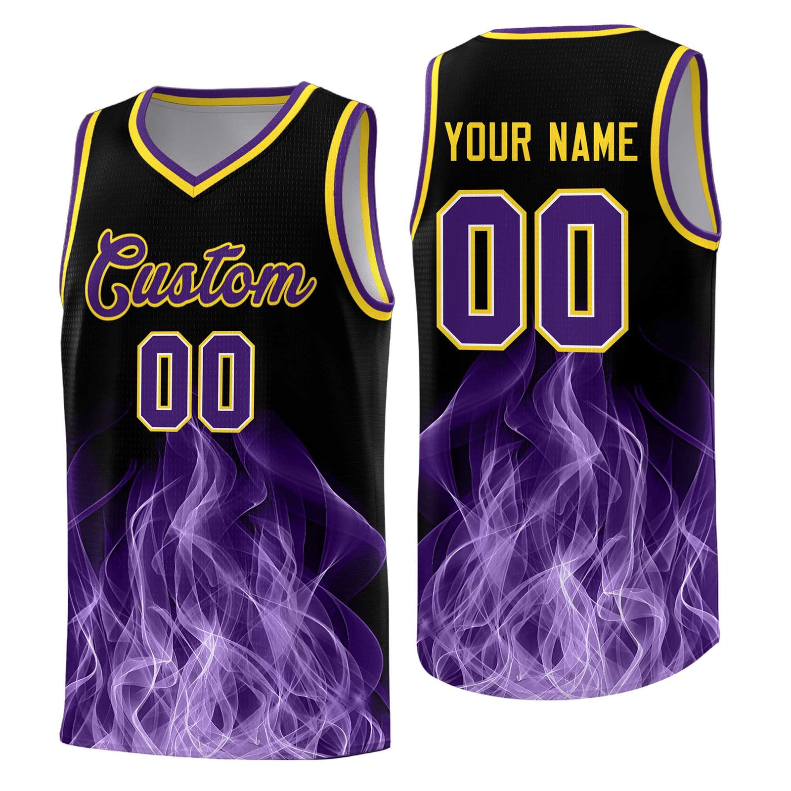 Custom Youth Basketball Jersey Black Gold Flame Design Personalized Team Uniform Set