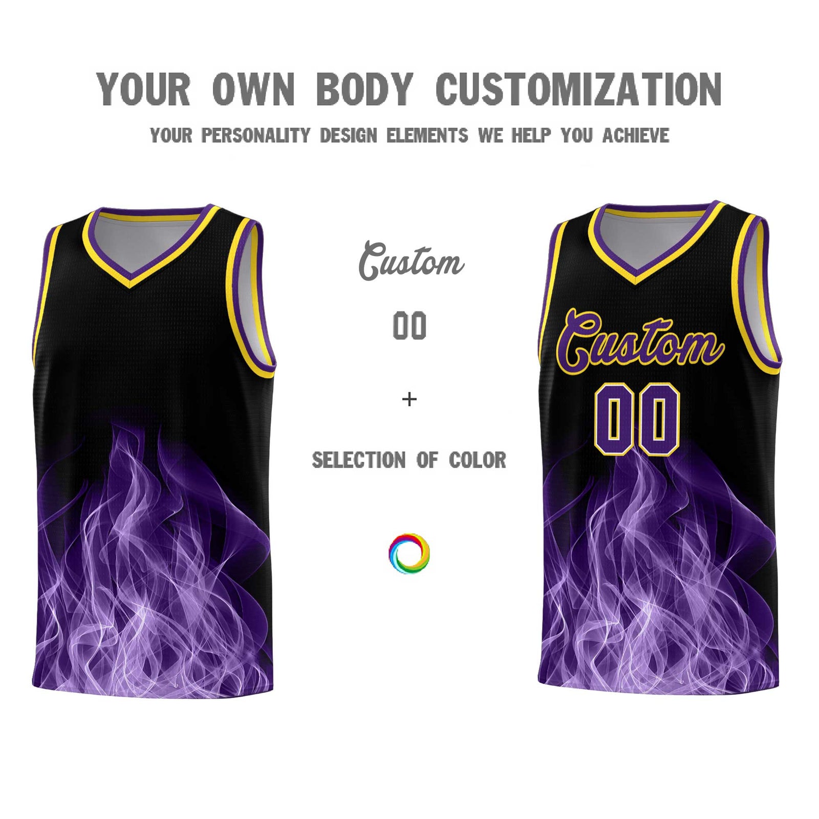 Custom Youth Basketball Jersey Black Gold Flame Design Personalized Team Uniform Set