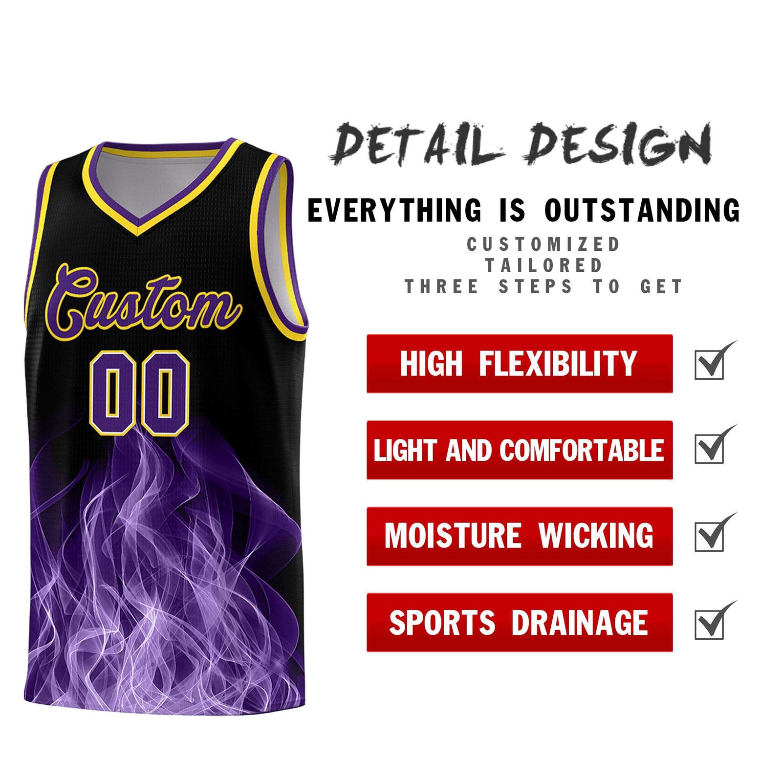 Custom Youth Basketball Jersey Black Gold Flame Design Personalized Team Uniform Set