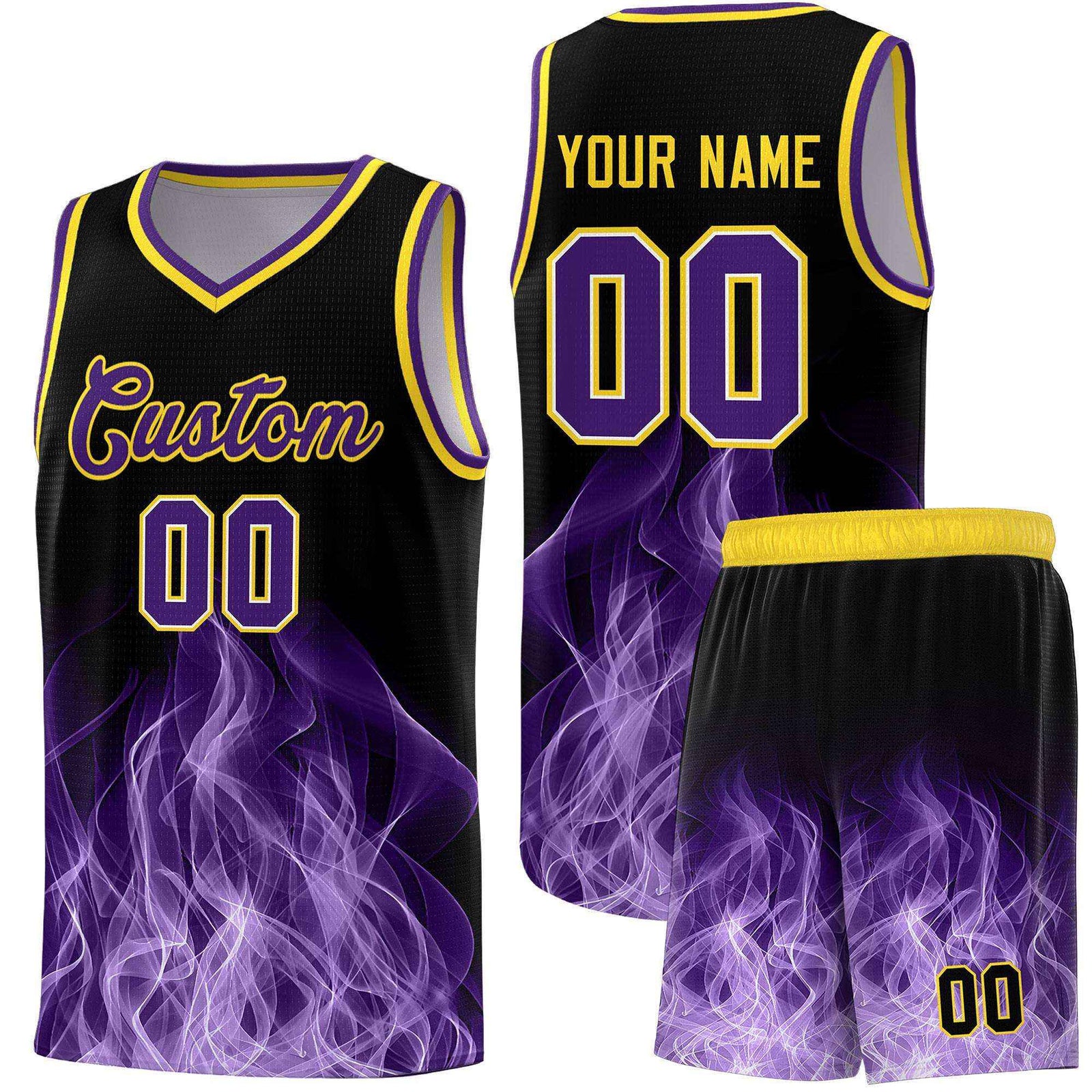 Custom Youth Basketball Jersey Black Gold Flame Design Personalized Team Uniform Set