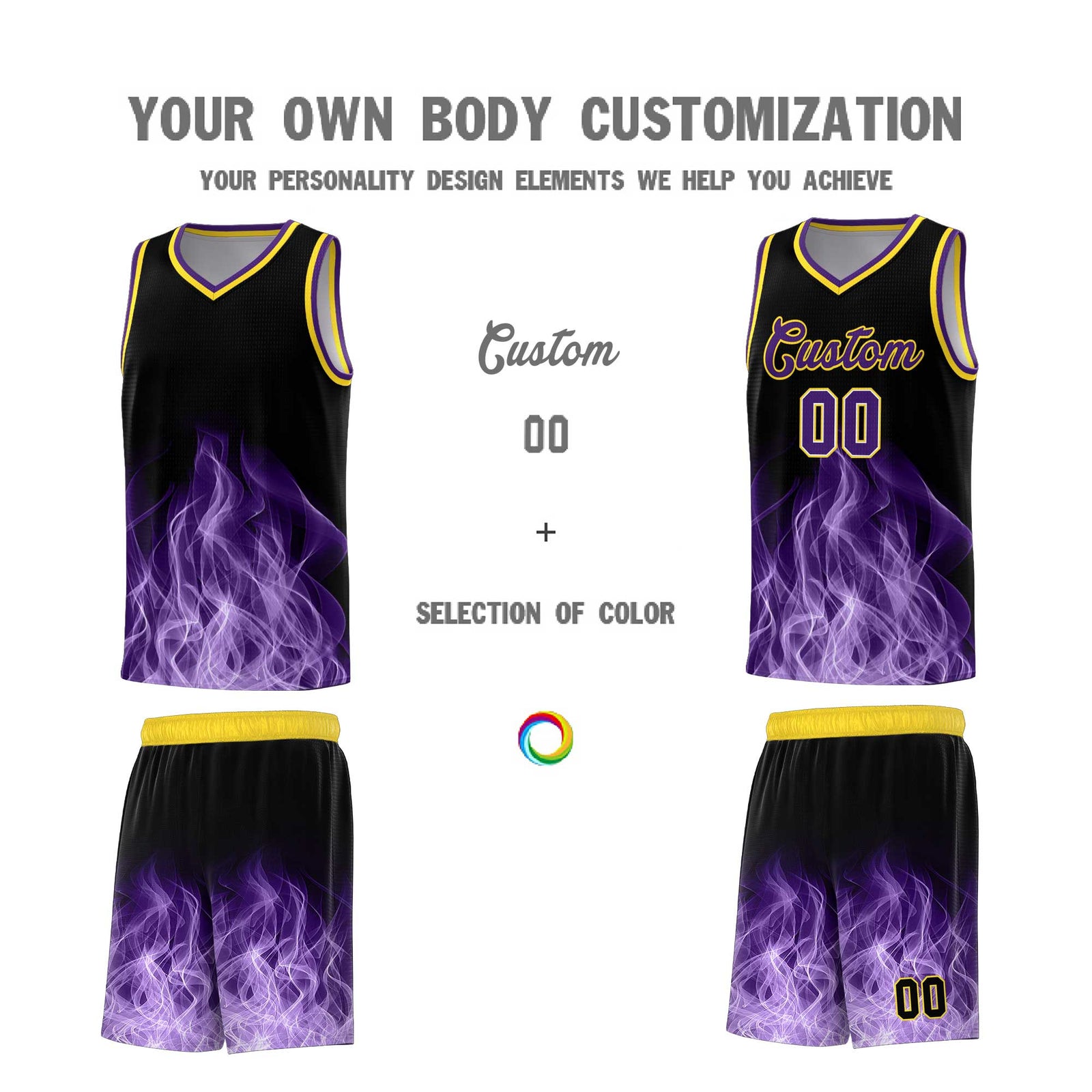 Custom Youth Basketball Jersey Black Gold Flame Design Personalized Team Uniform Set