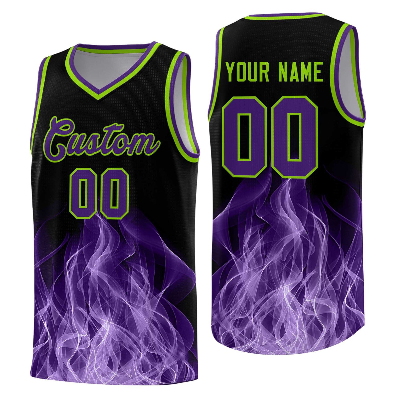 Custom Youth Basketball Jersey Black Neon Green Flame Fire Design Personalized Team Uniform Set