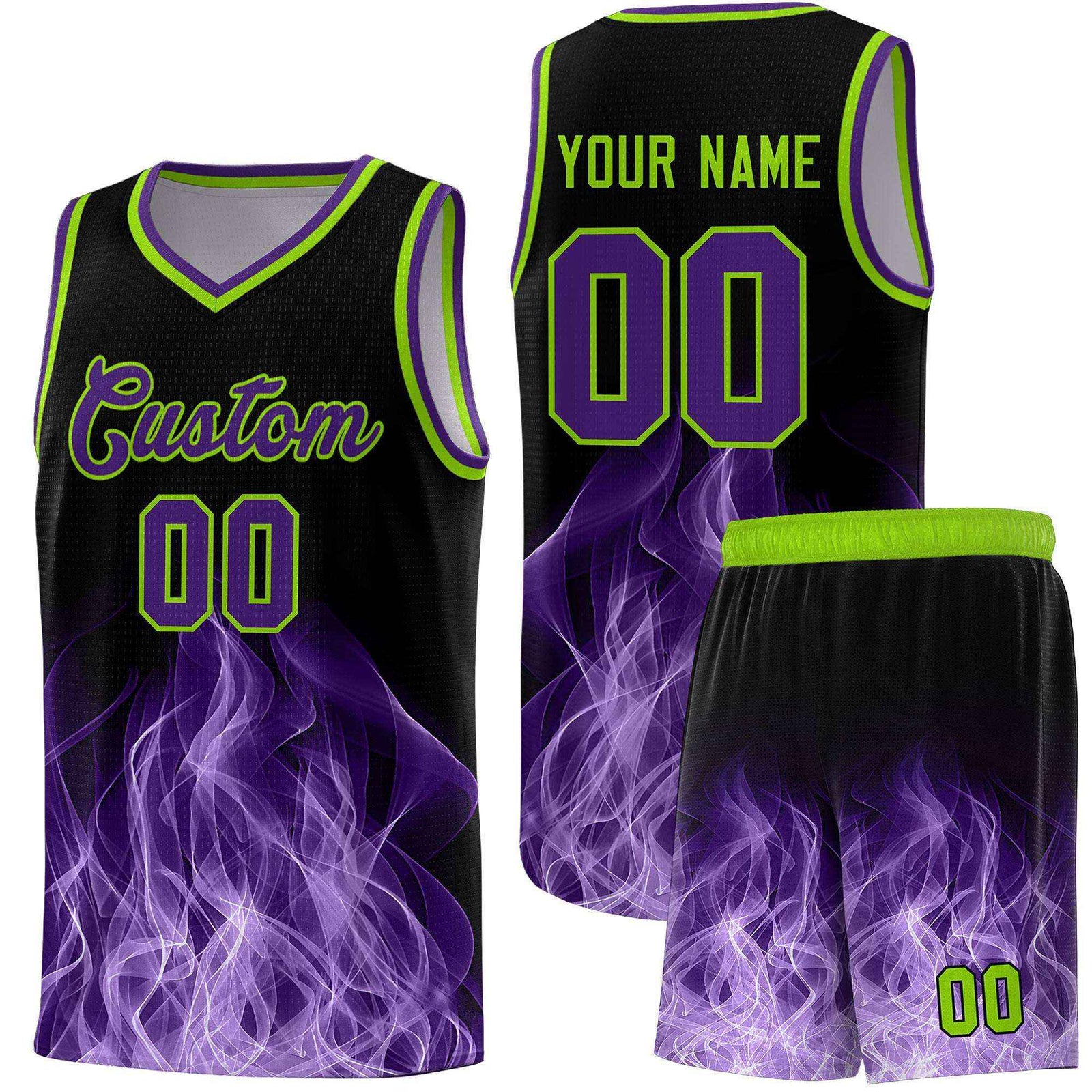 Custom Youth Basketball Jersey Black Neon Green Flame Fire Design Personalized Team Uniform Set