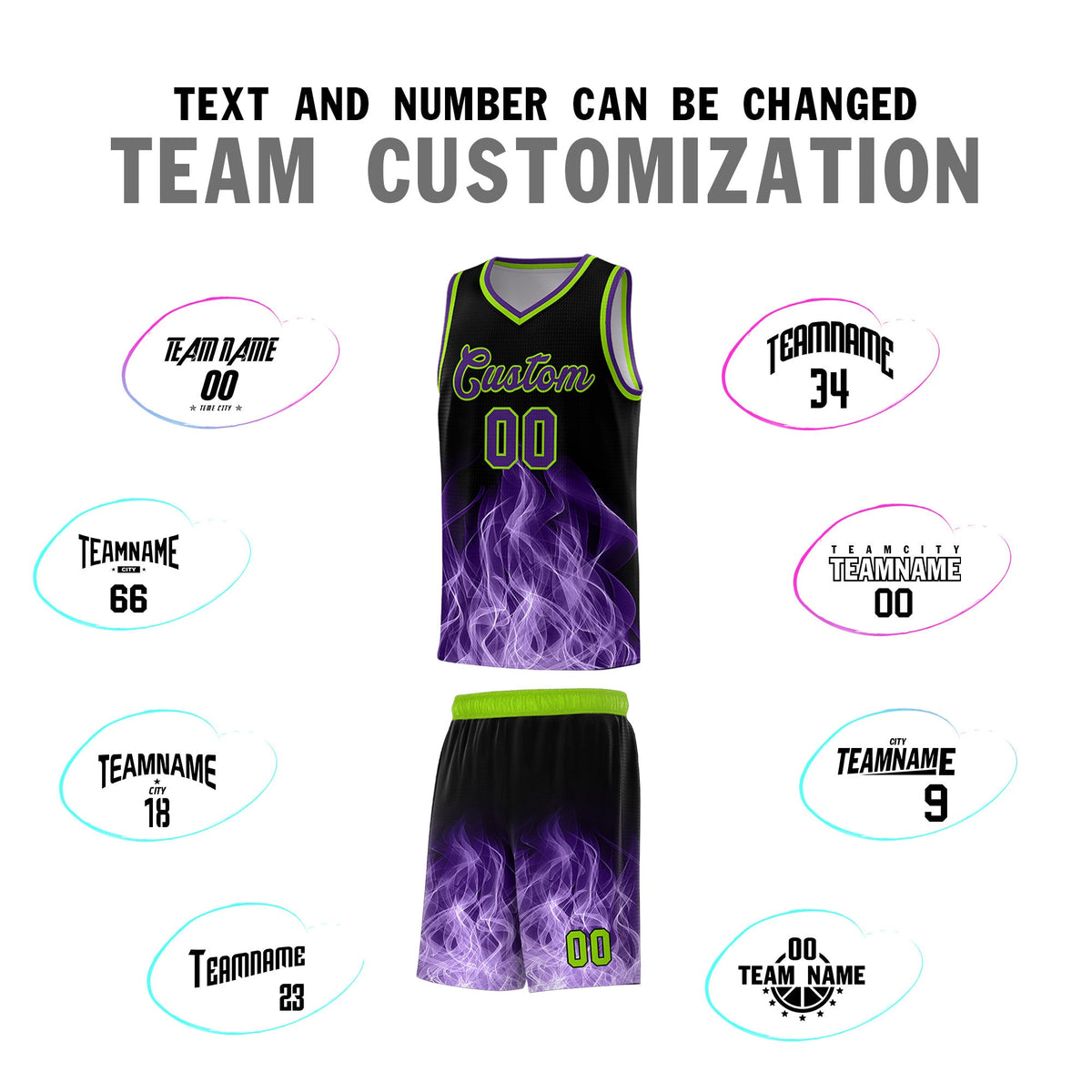 Custom Youth Basketball Jersey Black Neon Green Flame Fire Design Personalized Team Uniform Set