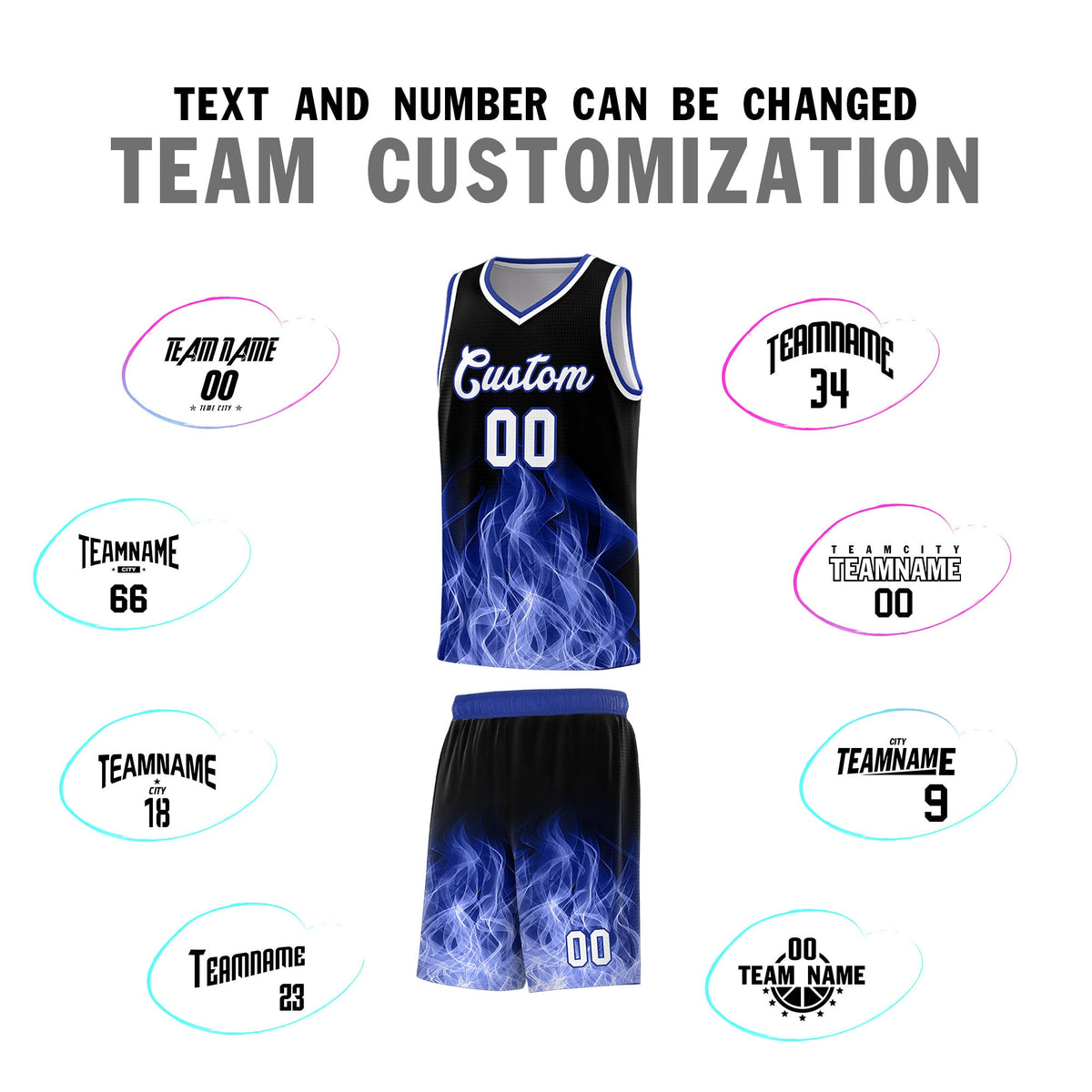 Custom Youth Basketball Jersey Black Royal Flame Design Personalized Team Uniform Set