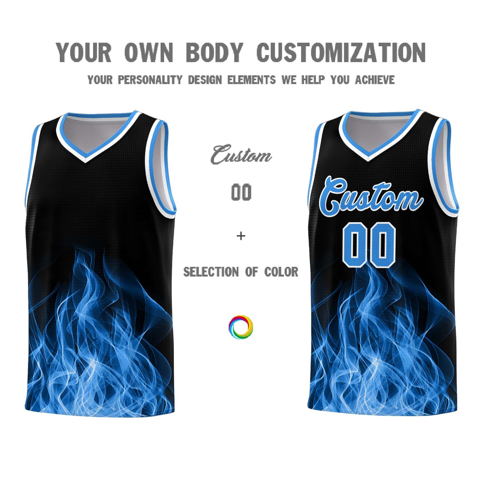 Custom Youth Basketball Jersey Black Light Blue Flame Design Unique Team Uniform Set