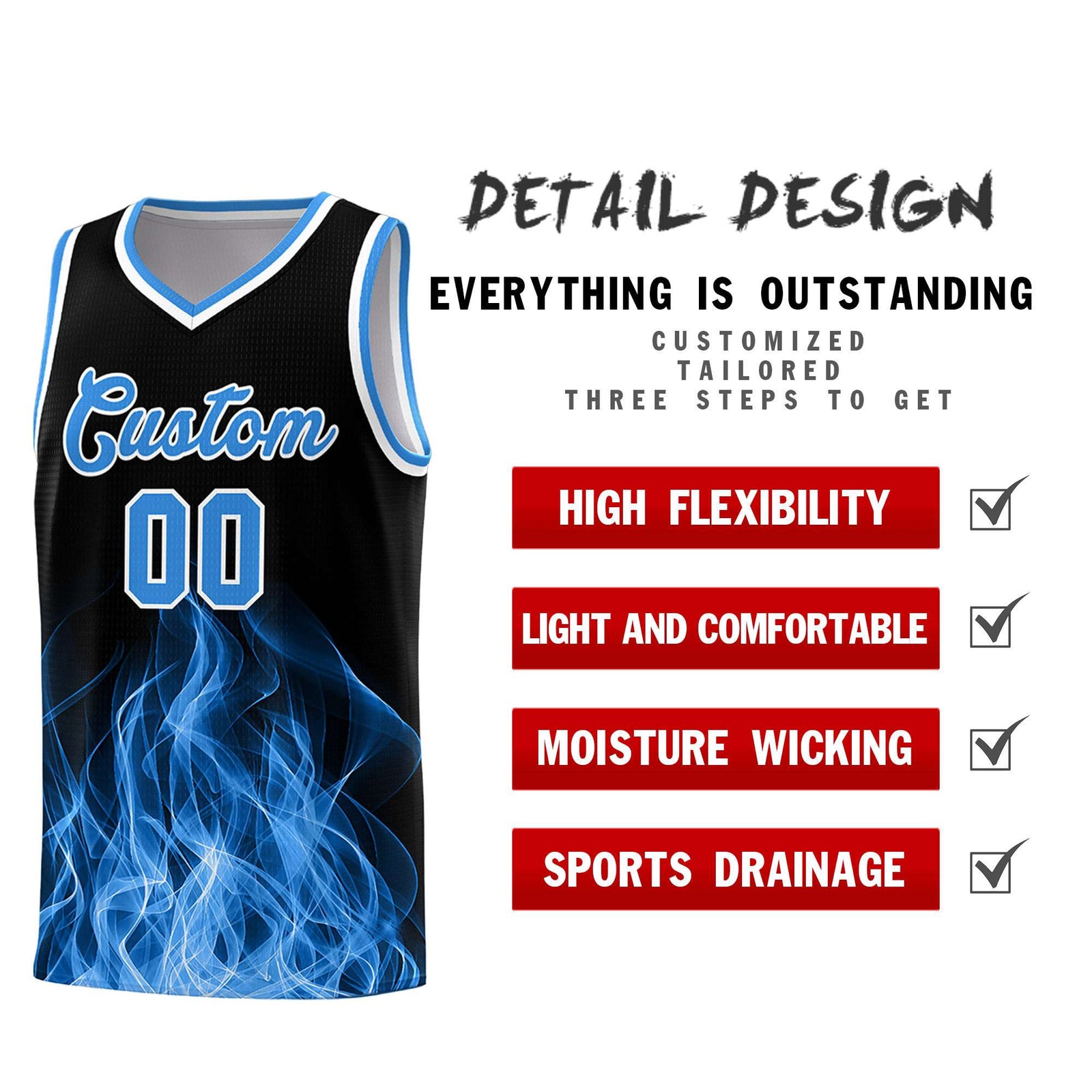 Custom Youth Basketball Jersey Black Light Blue Flame Design Unique Team Uniform Set