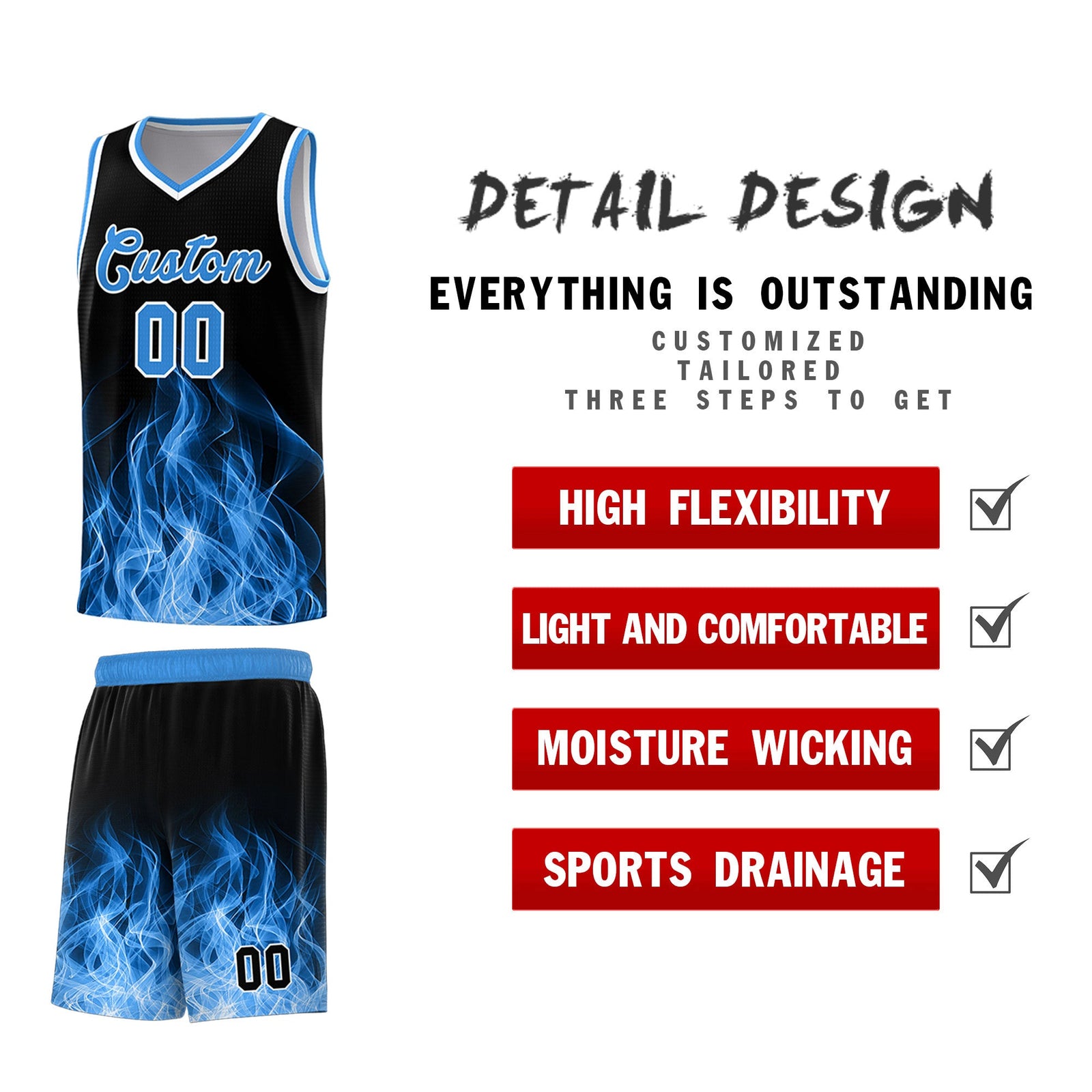 Custom Youth Basketball Jersey Black Light Blue Flame Design Unique Team Uniform Set