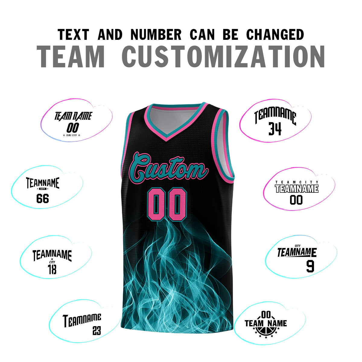 Custom Youth Basketball Jersey Black Teal Flame Fire Design Personalized Team Uniform Set