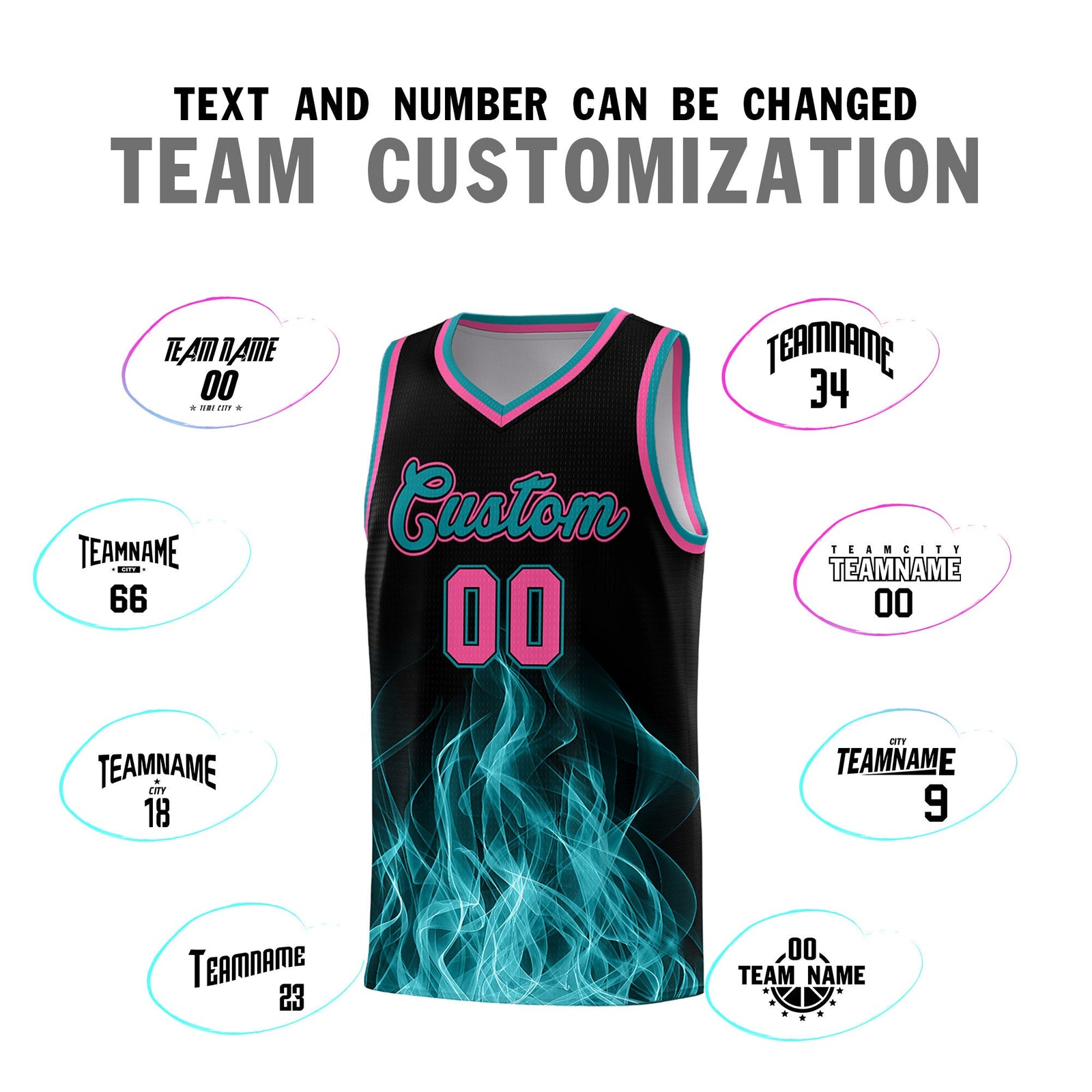 Custom Youth Basketball Jersey Black Teal Flame Fire Design Personalized Team Uniform Set