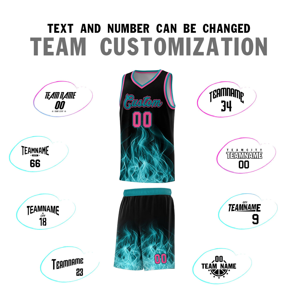 Custom Youth Basketball Jersey Black Teal Flame Fire Design Personalized Team Uniform Set