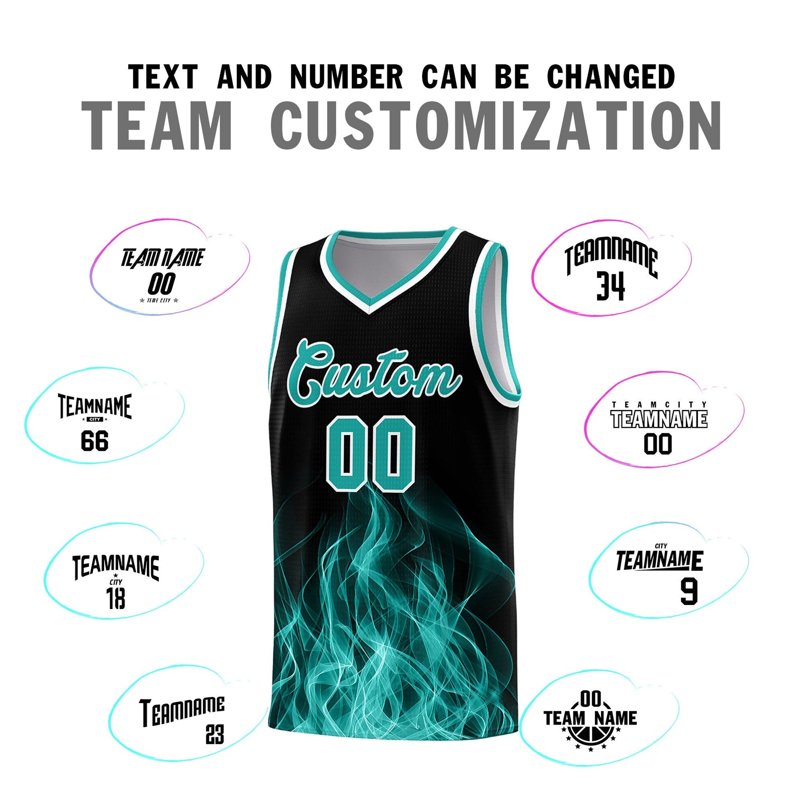 Custom Youth Basketball Jersey Black Aqua Flame Design Unique Team Uniform Set