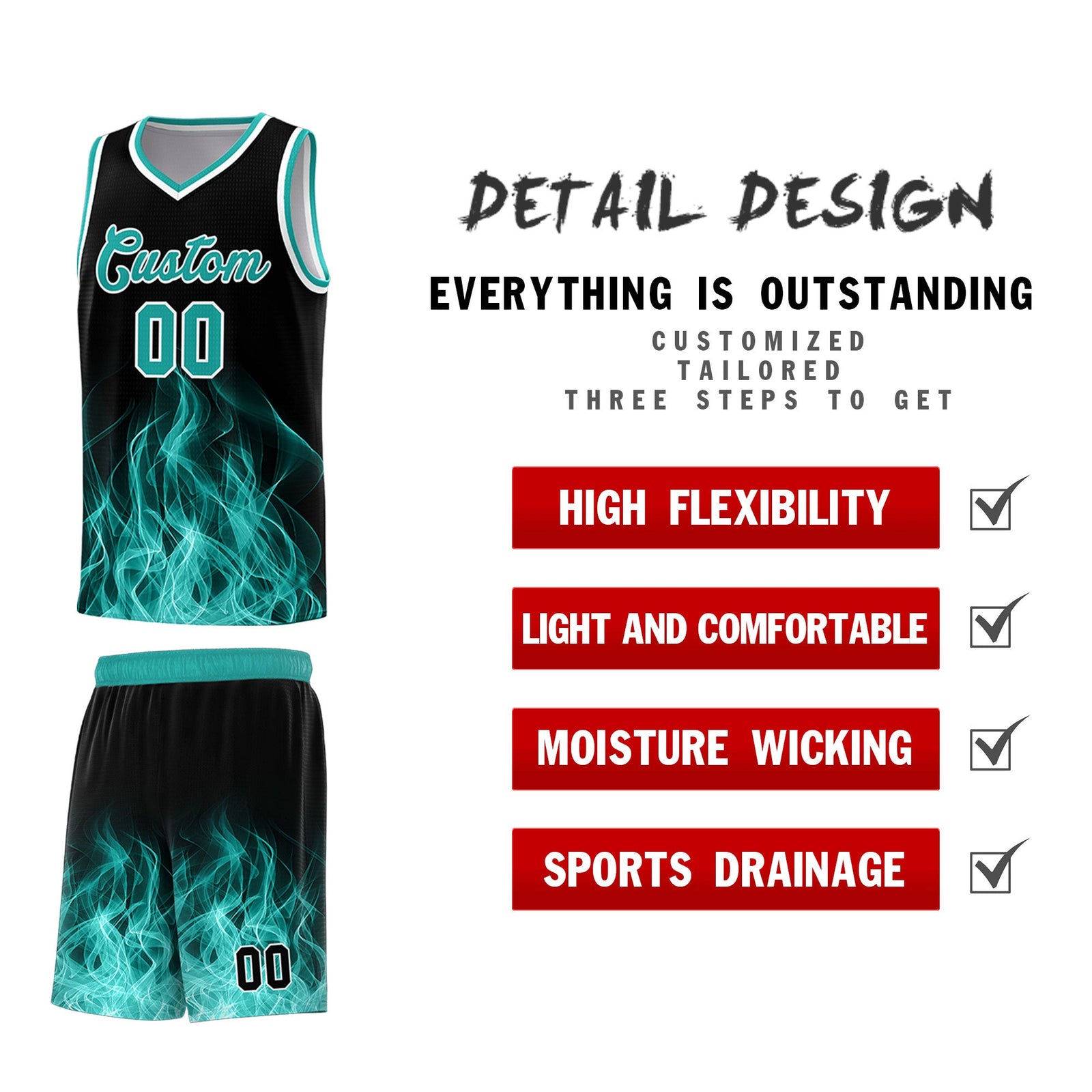 Custom Youth Basketball Jersey Black Aqua Flame Design Unique Team Uniform Set