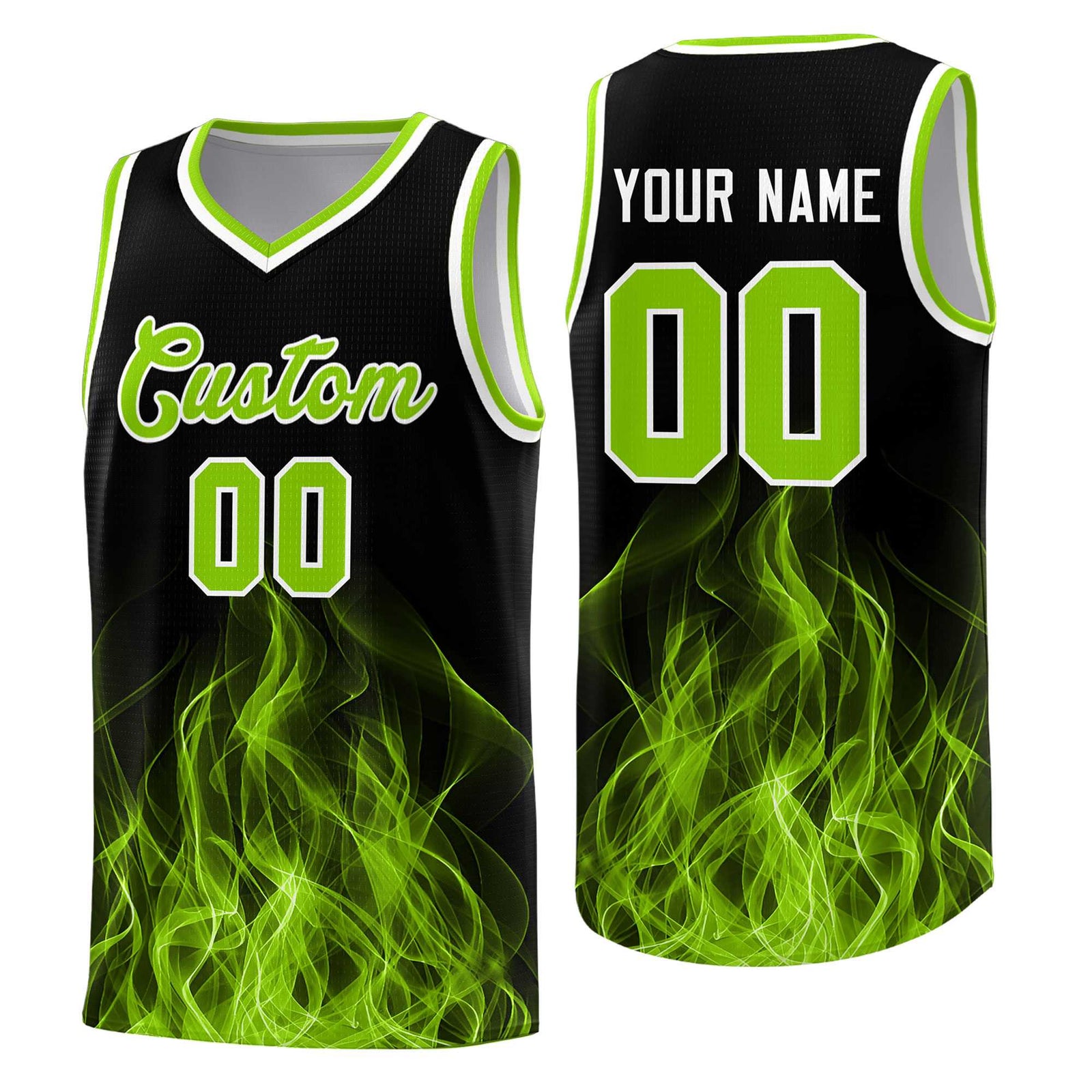 Custom Youth Basketball Jersey Black Neon Green Flame Design Personalized Team Uniform Set
