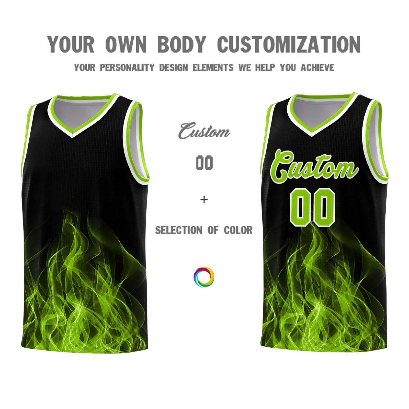 Custom Youth Basketball Jersey Black Neon Green Flame Design Personalized Team Uniform Set