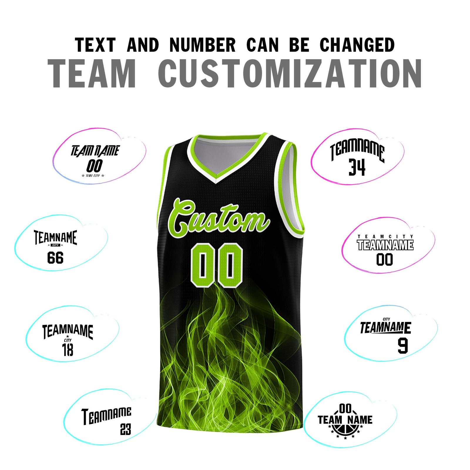 Custom Youth Basketball Jersey Black Neon Green Flame Design Personalized Team Uniform Set