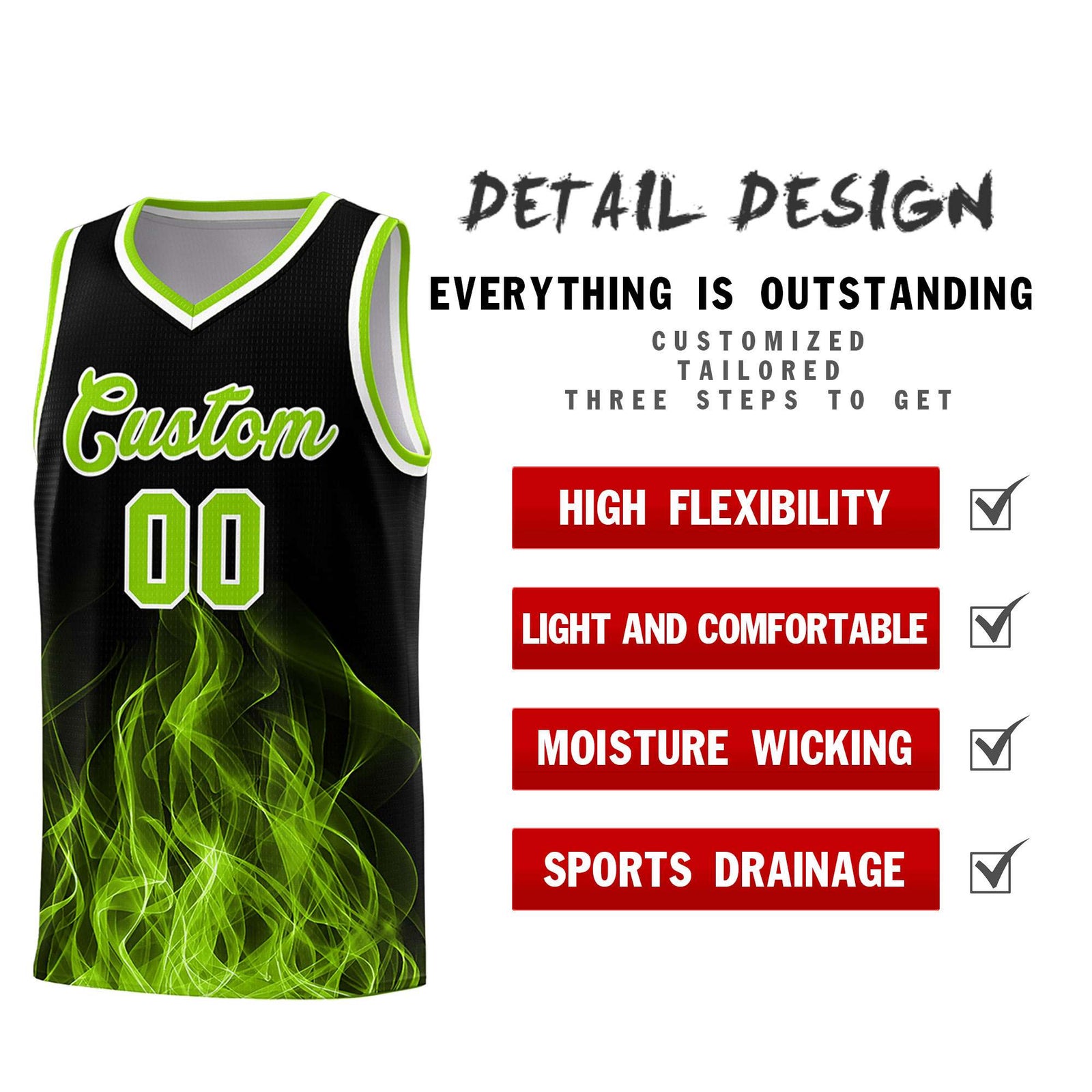 Custom Youth Basketball Jersey Black Neon Green Flame Design Personalized Team Uniform Set